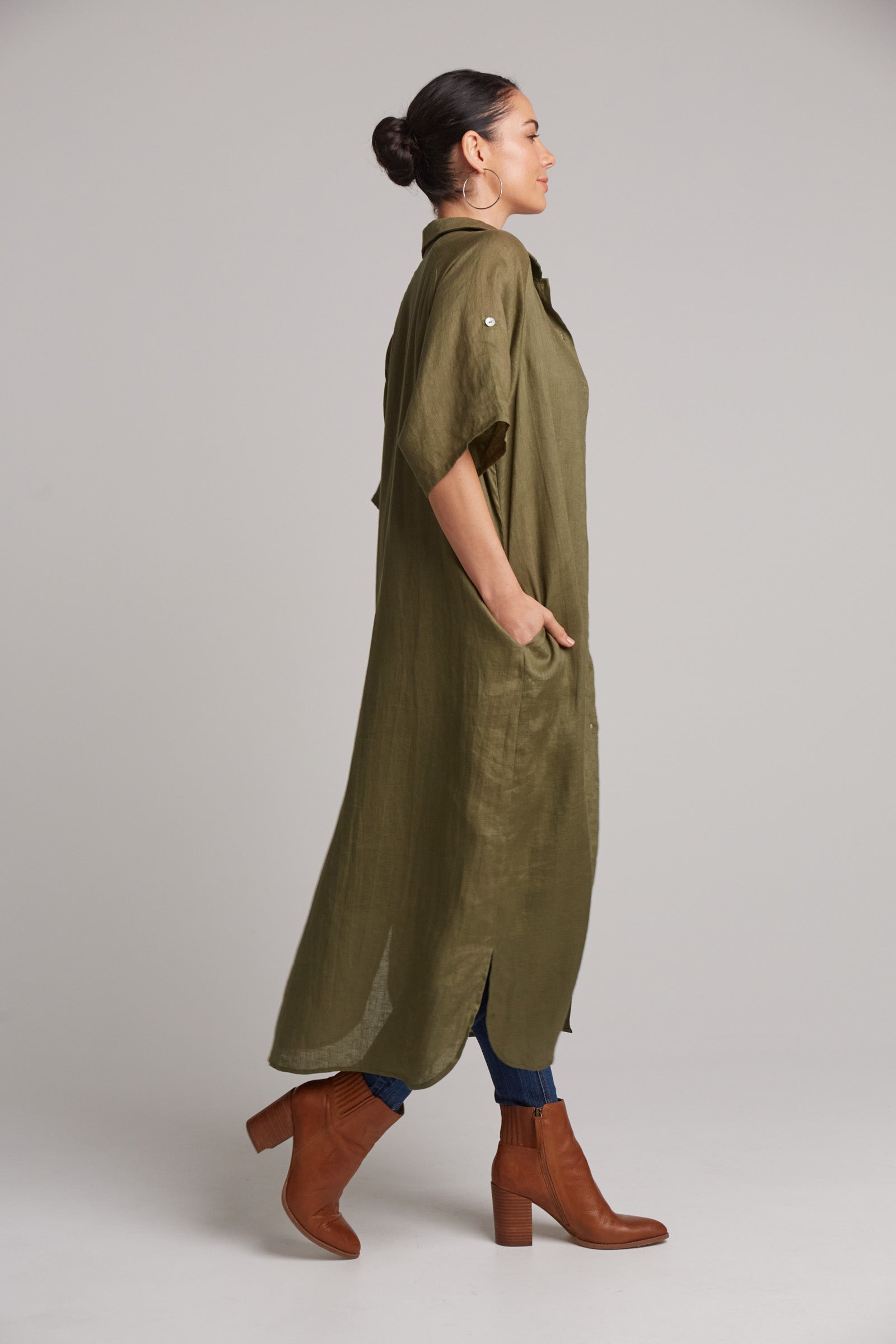 Studio Shirt Dress - Khaki - eb&ive Clothing - Shirt Dress Mid Linen