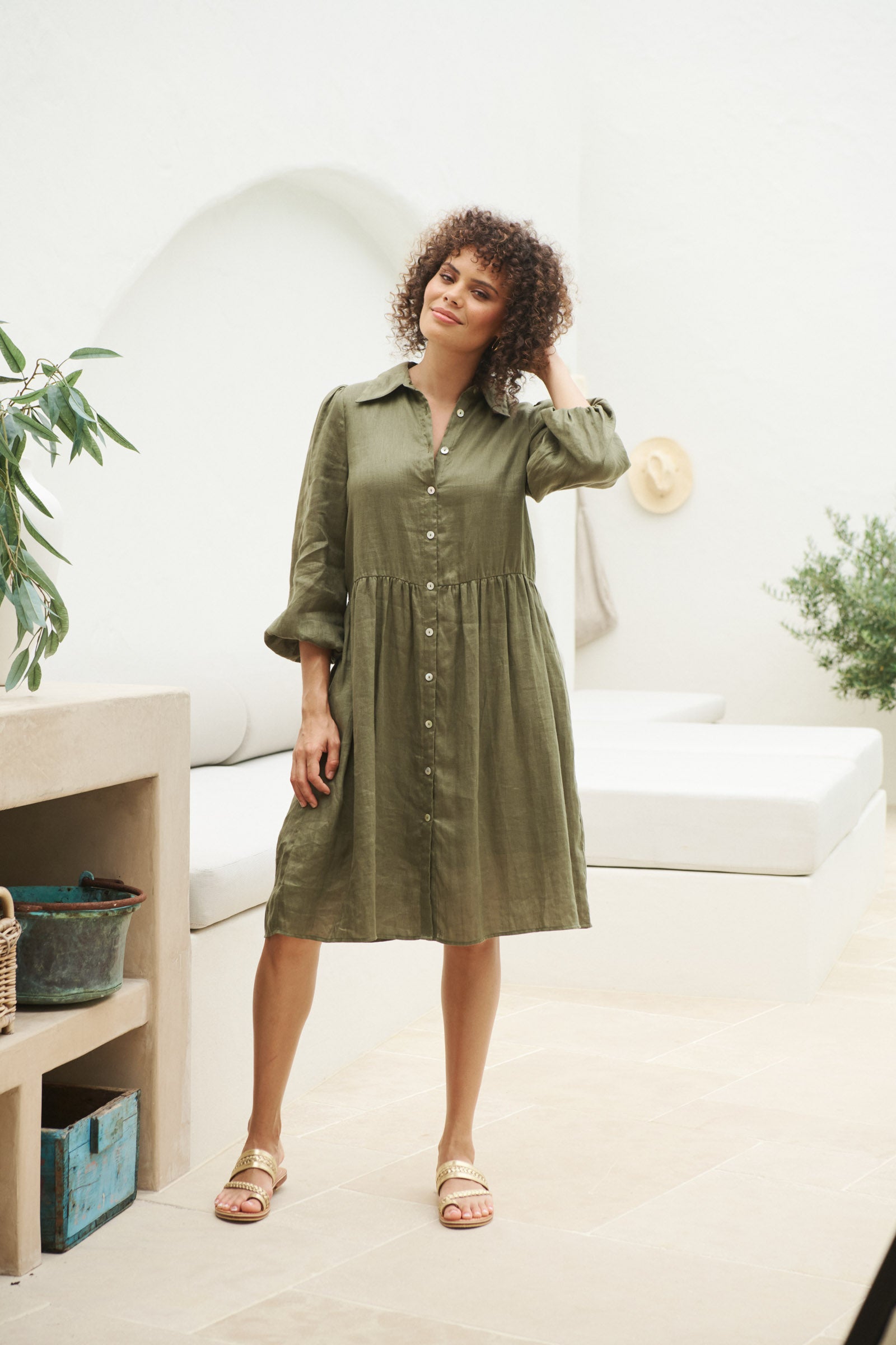 Studio Midi Shirt Dress - Khaki - eb&ive Clothing - Dress Mid Linen
