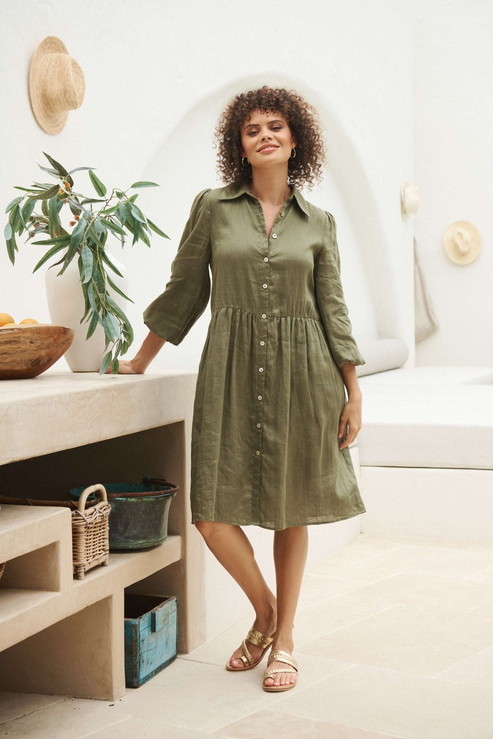 Studio Midi Shirt Dress - Khaki - eb&ive Clothing - Dress Mid Linen