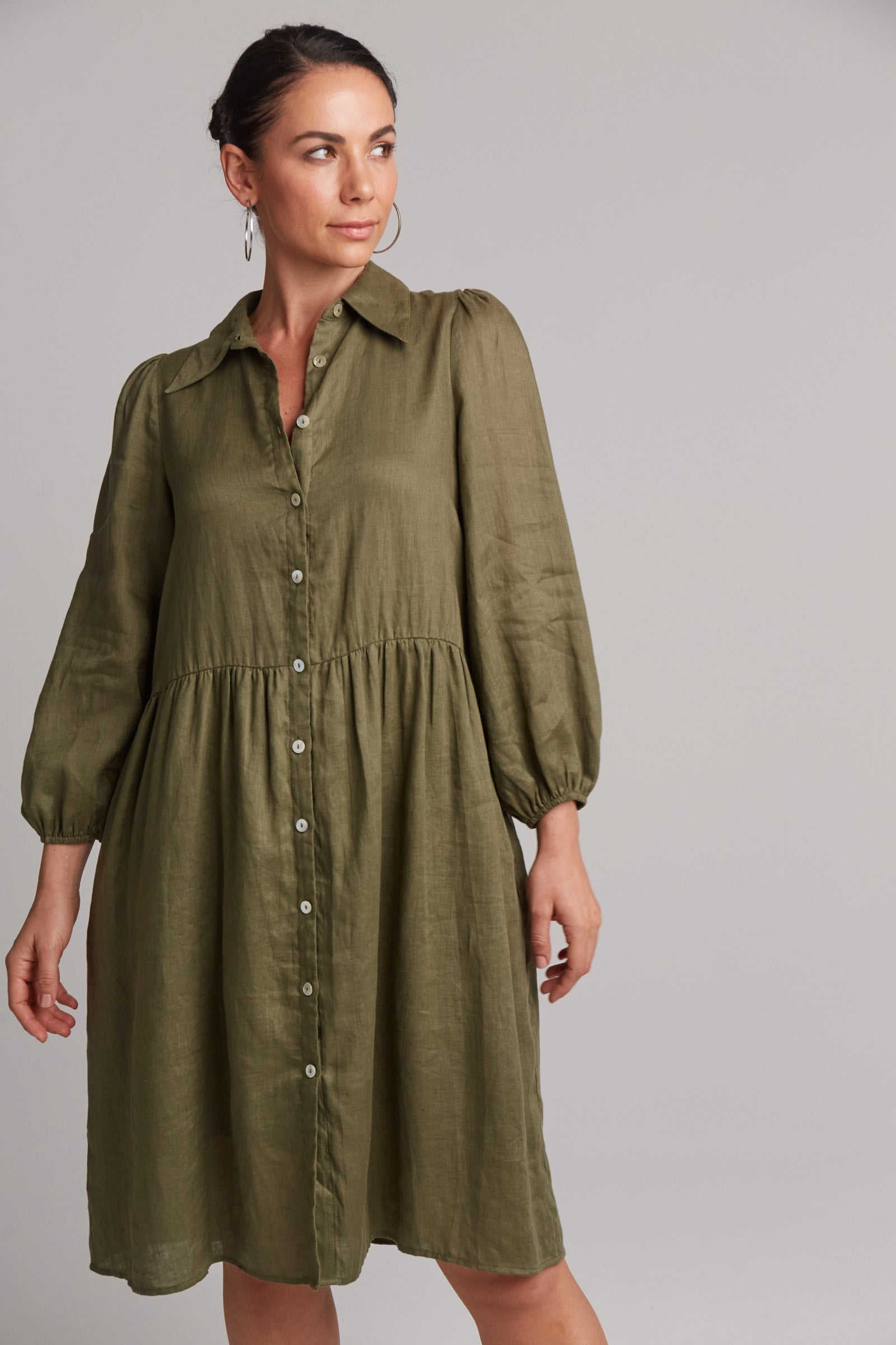 Studio Midi Shirt Dress - Khaki - eb&ive Clothing - Dress Mid Linen
