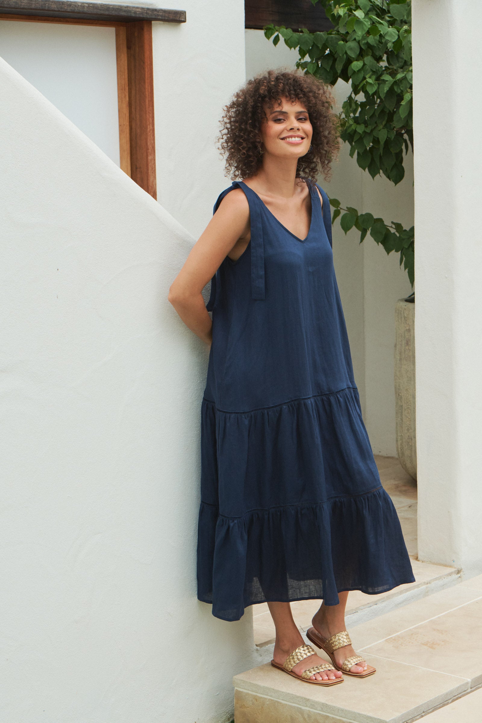 La Vie Tie Maxi - Sapphire - eb&ive Clothing - Dress Strappy Maxi Linen