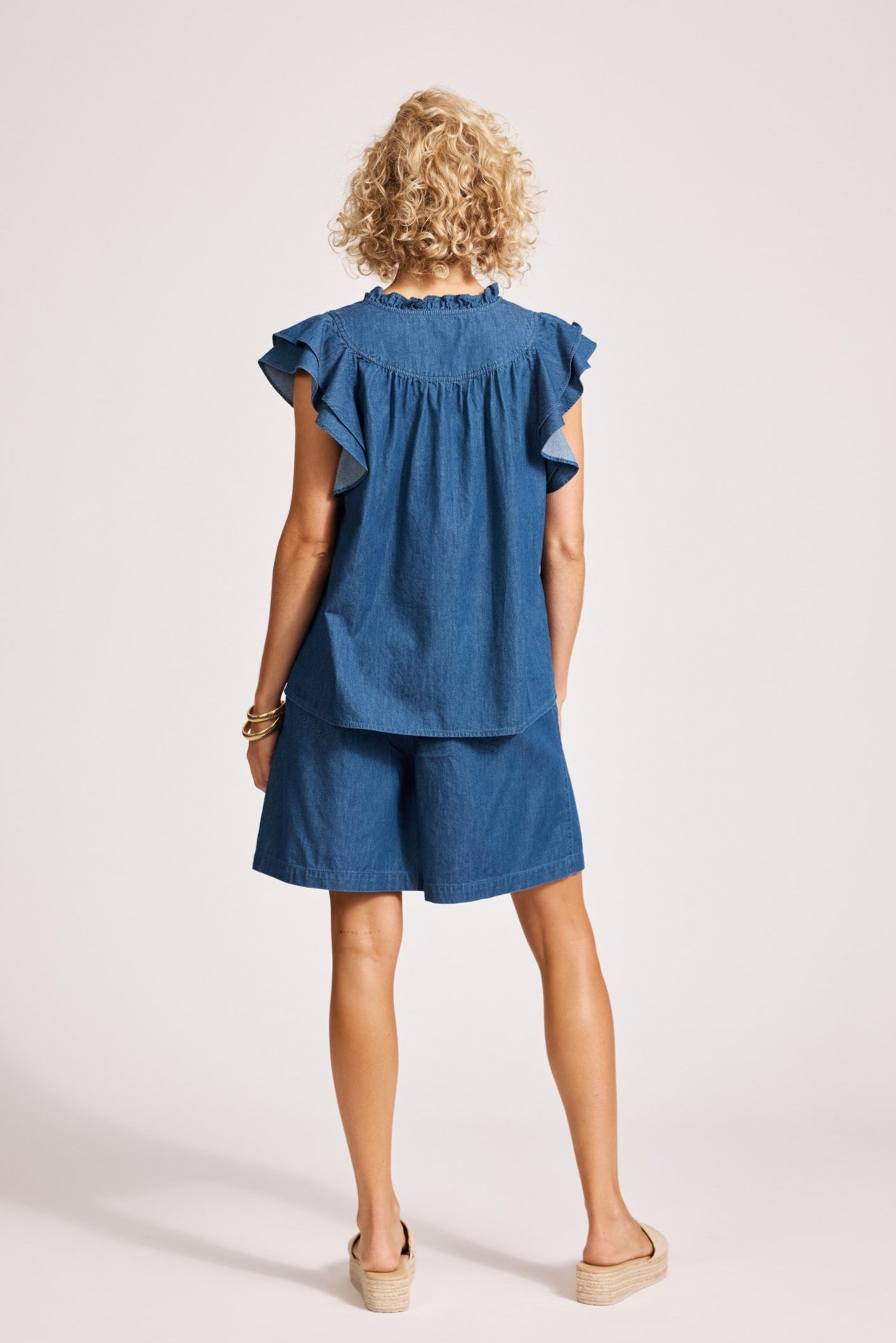 Melenia Denim Frill Top - Indigo