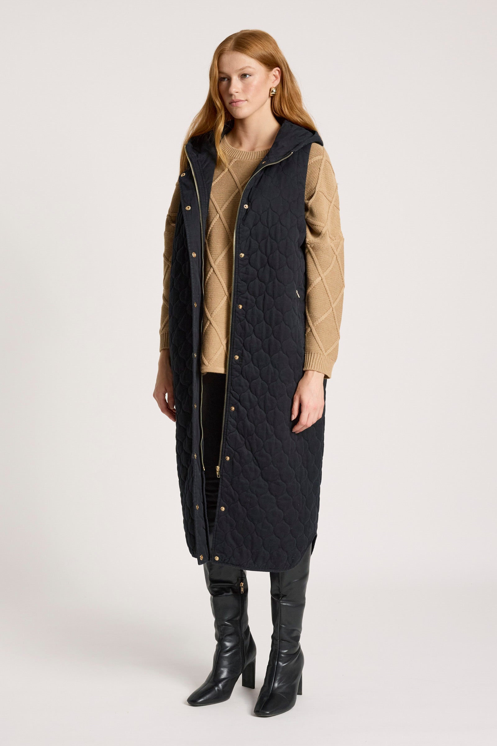 Sansi Quilted Long Vest - Black