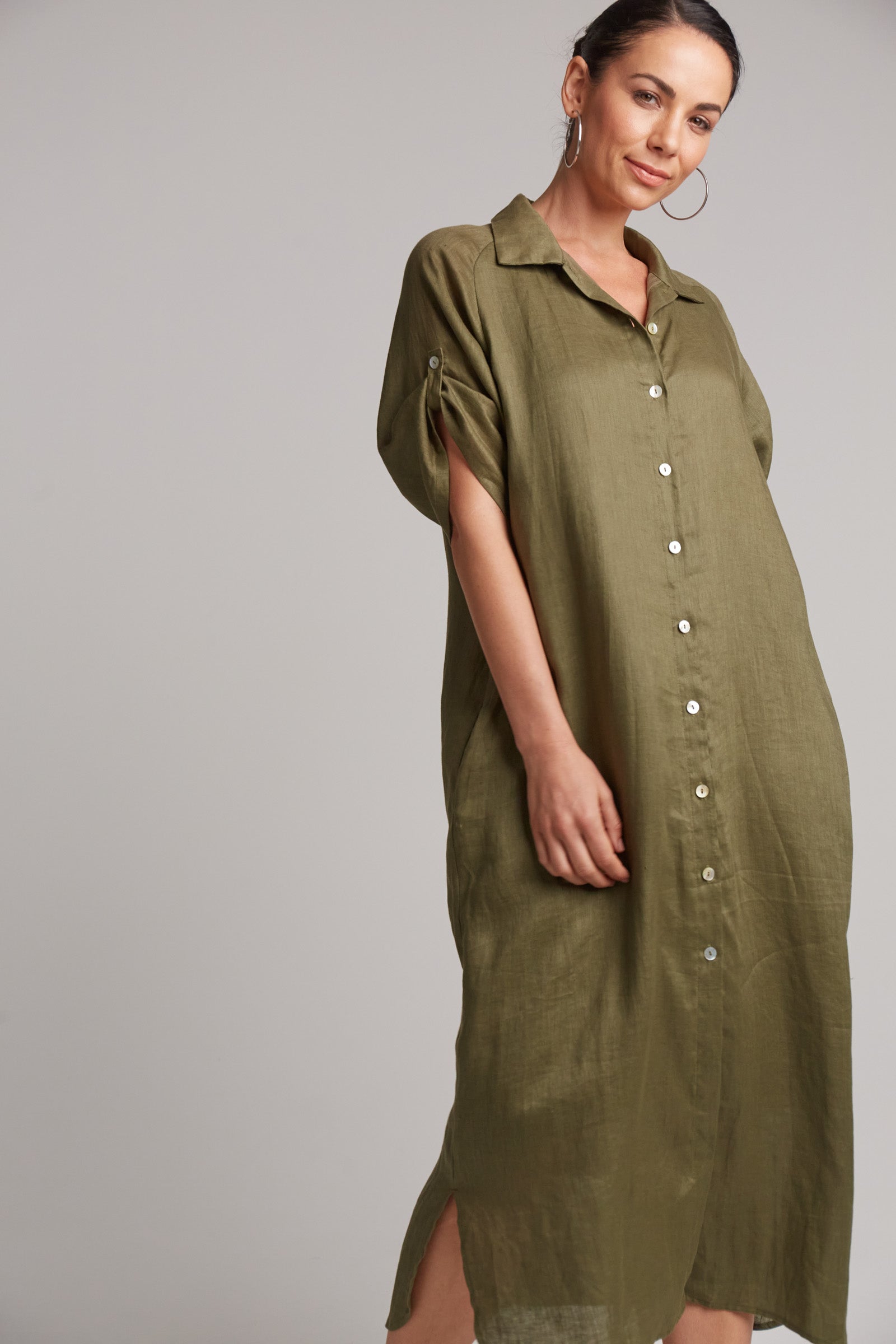 Studio Shirt Dress - Khaki - eb&ive Clothing - Shirt Dress Mid Linen