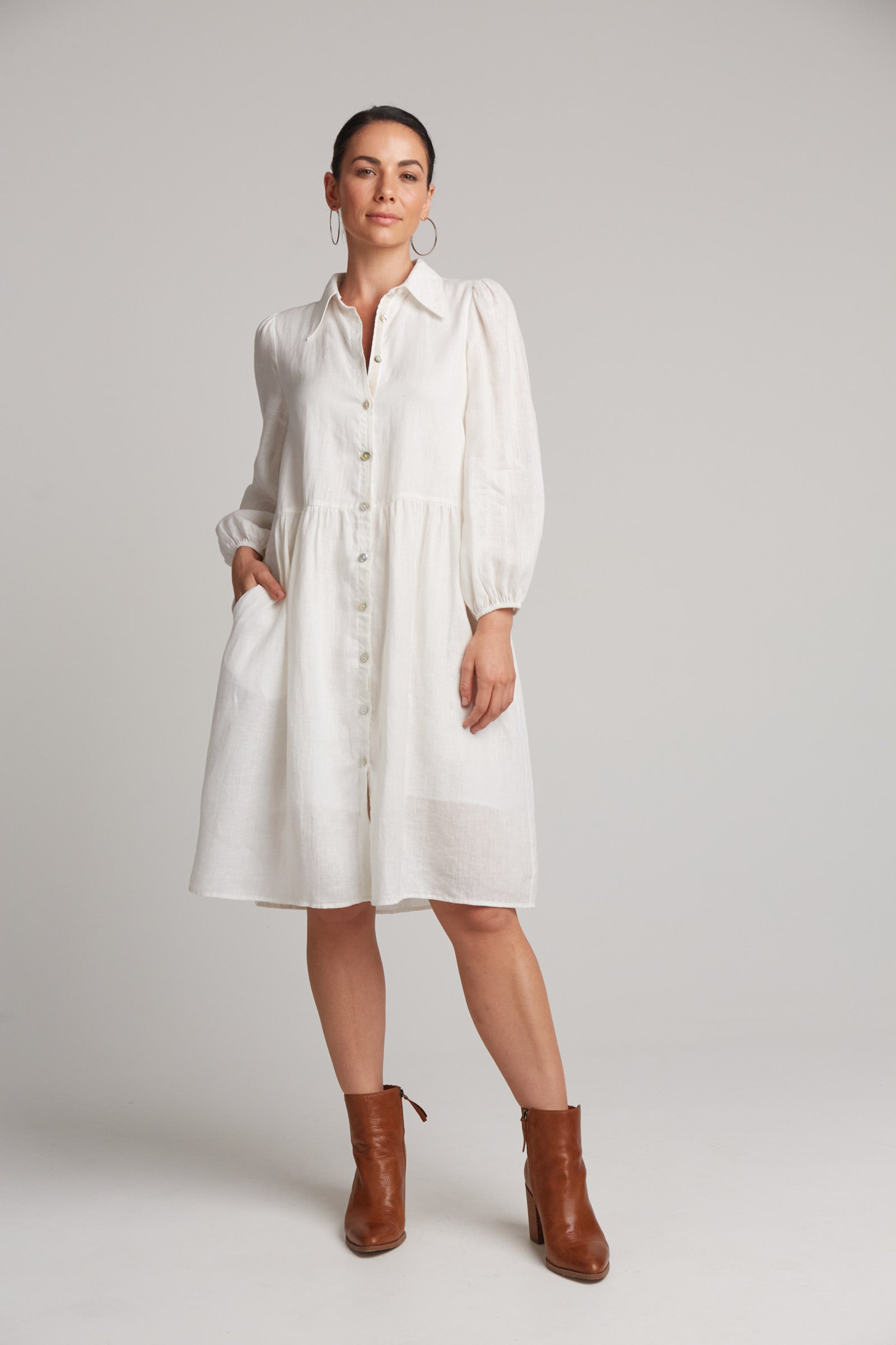 Studio Midi Shirt Dress - Salt - eb&ive Clothing - Dress Mid Linen