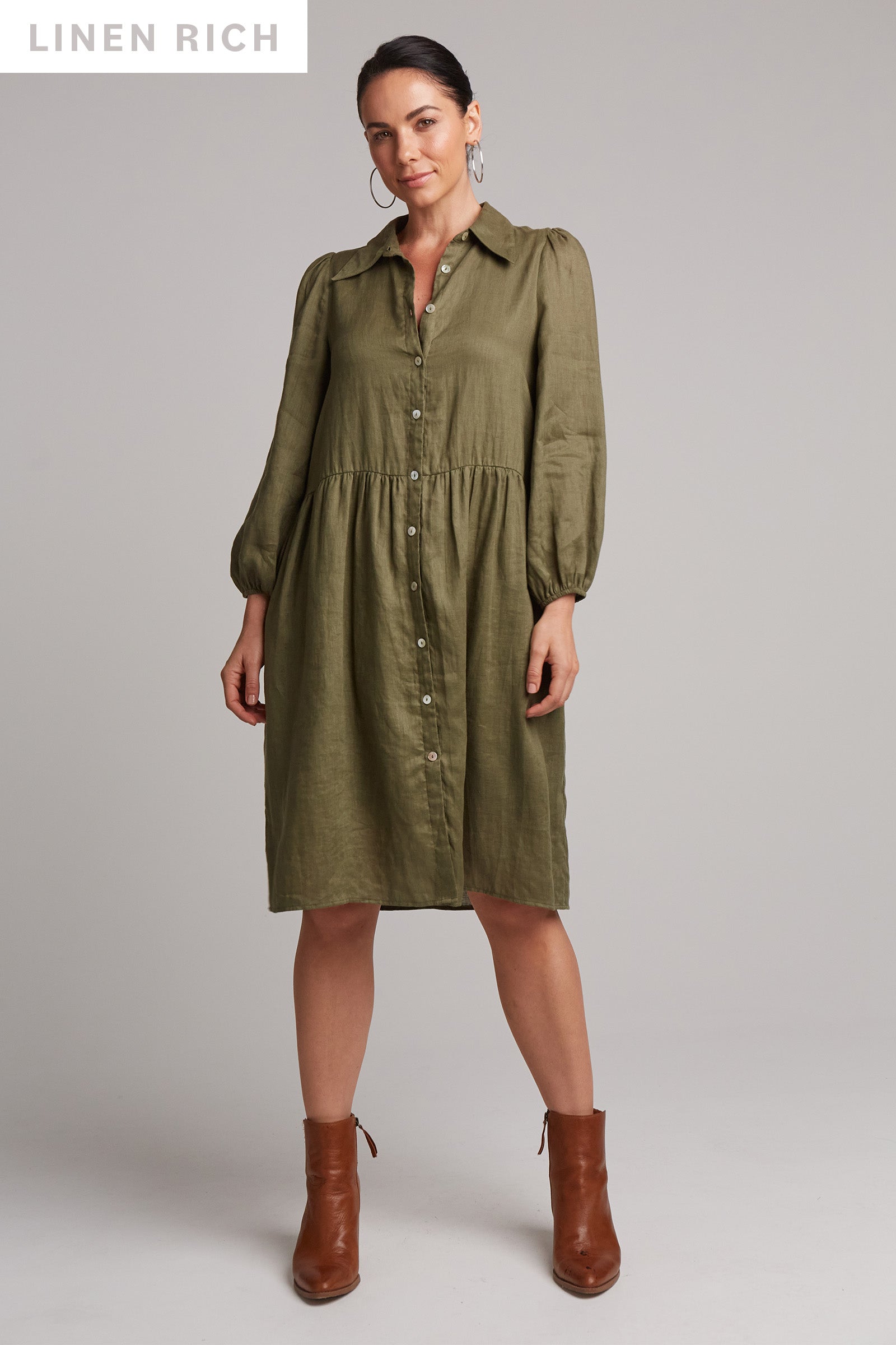 Studio Midi Shirt Dress - Khaki - eb&ive Clothing - Dress Mid Linen