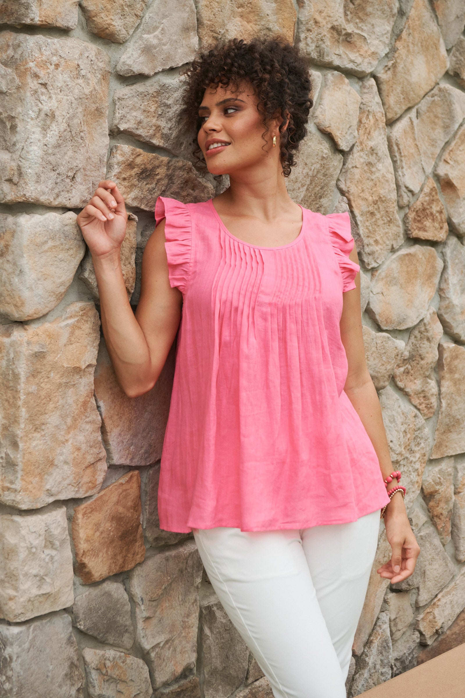 La Vie Frill Top - Candy - eb&ive Clothing - Top Sleeveless Linen