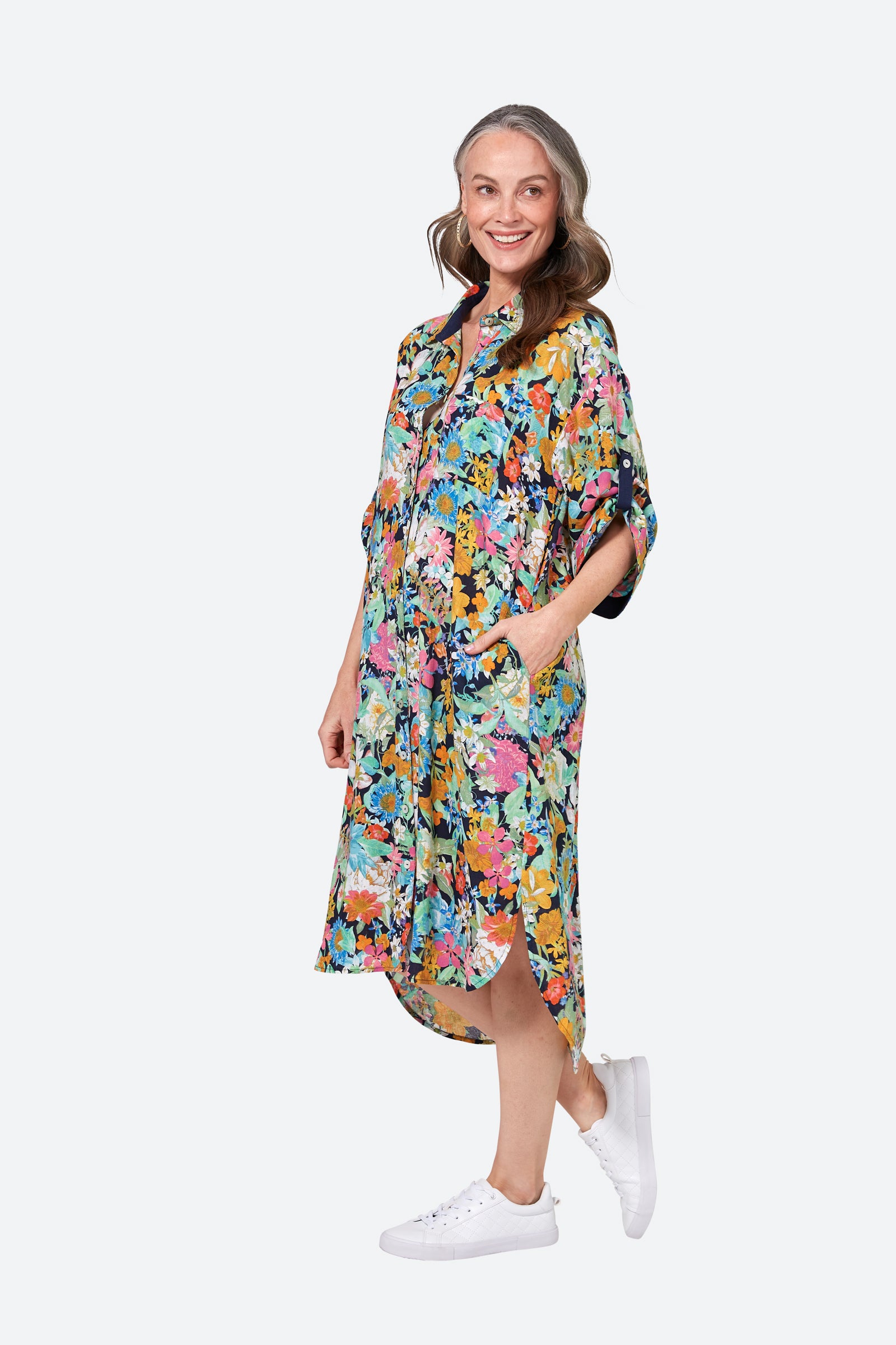 Verve Shirt Dress - Navy Flourish - eb&ive Clothing - Shirt Dress Mid Linen