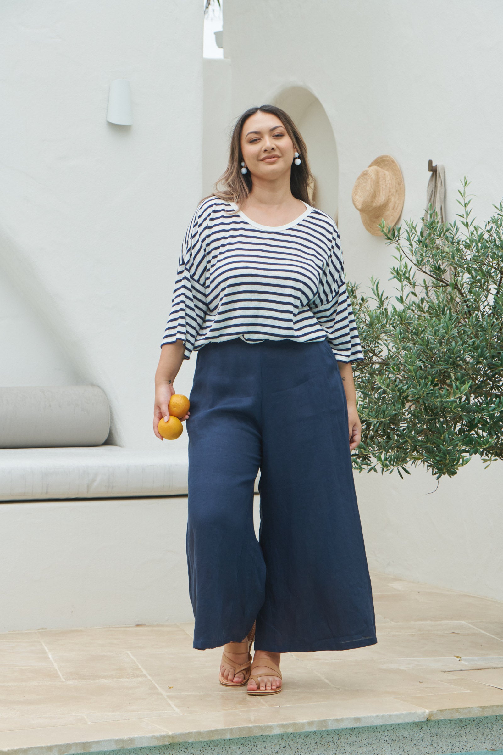 Intrepid Stripe Tshirt - Sapphire - eb&ive Clothing - Top Tshirt 3/4 Sleeve Linen