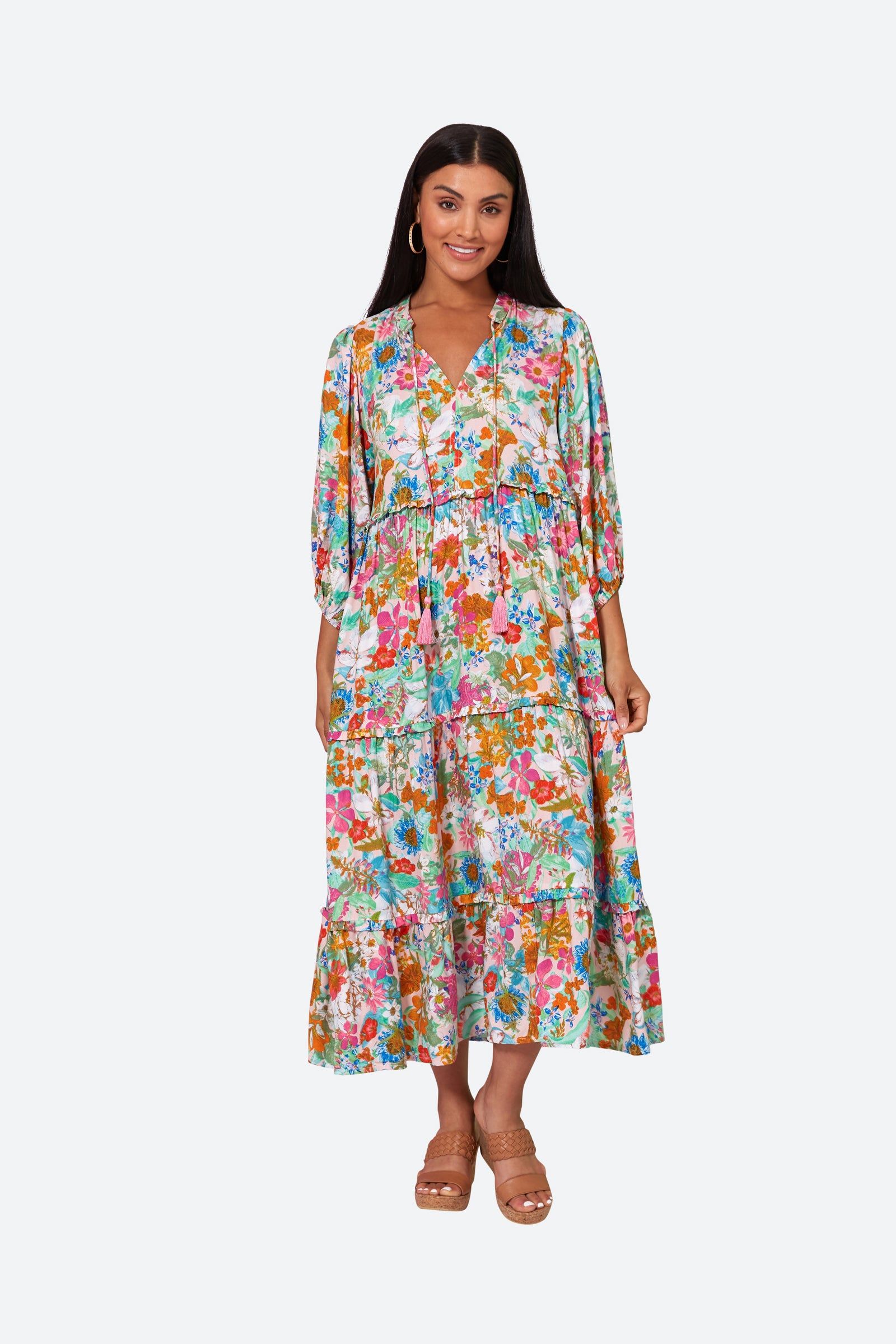 Esprit Tiered Dress - Pink Flourish - eb&ive Clothing - Dress 3/4 Length Linen
