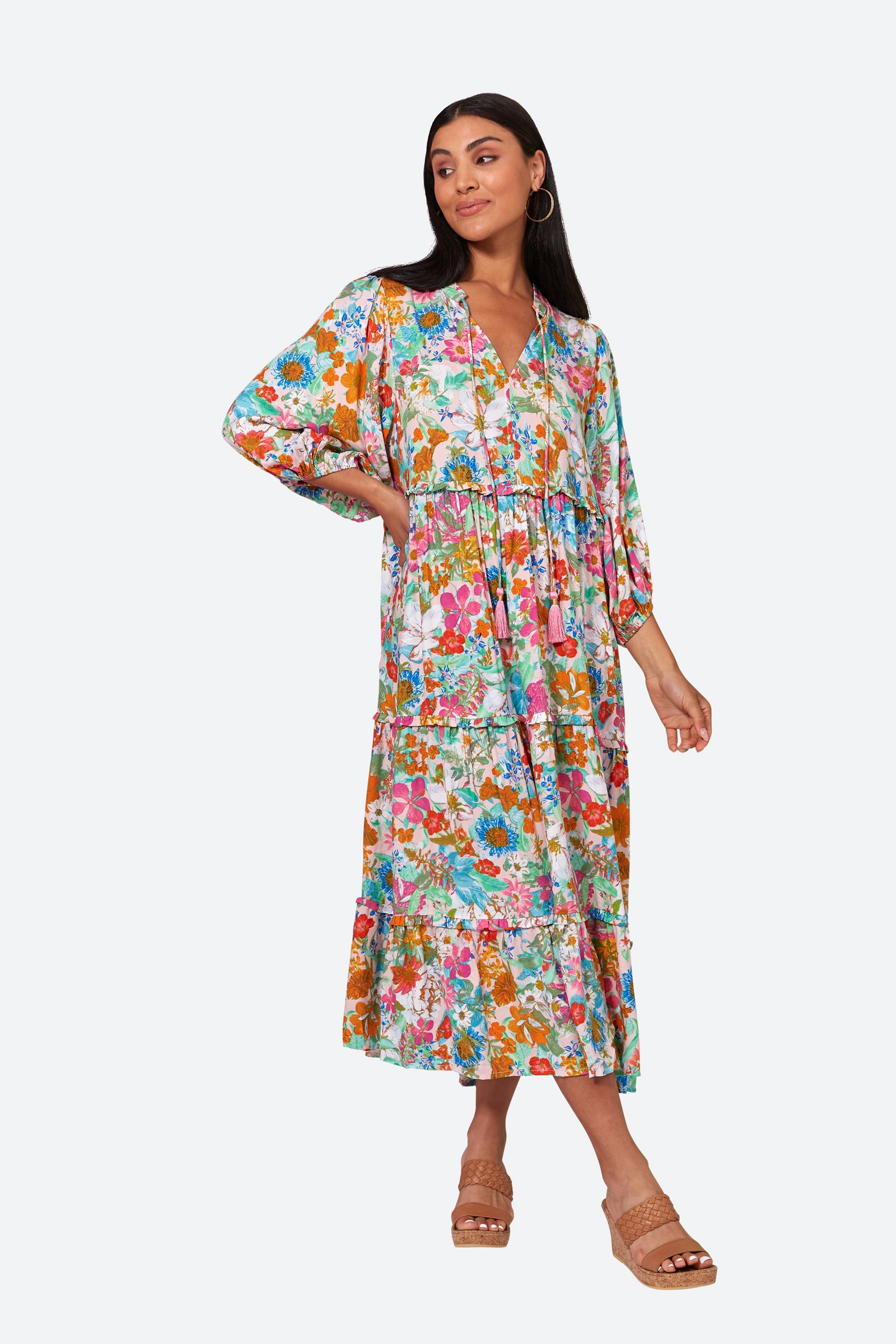 Esprit Tiered Dress - Pink Flourish - eb&ive Clothing - Dress 3/4 Length Linen
