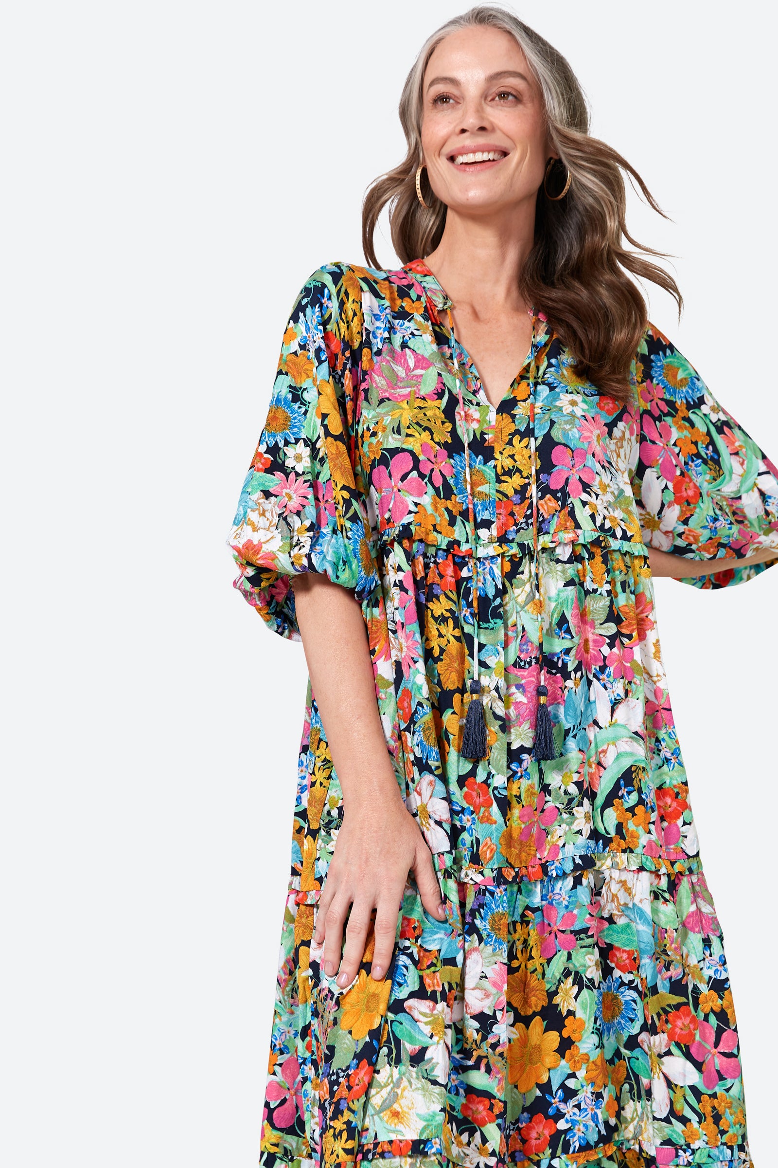 Esprit Tiered Dress - Navy Flourish - eb&ive Clothing - Dress 3/4 Length Linen
