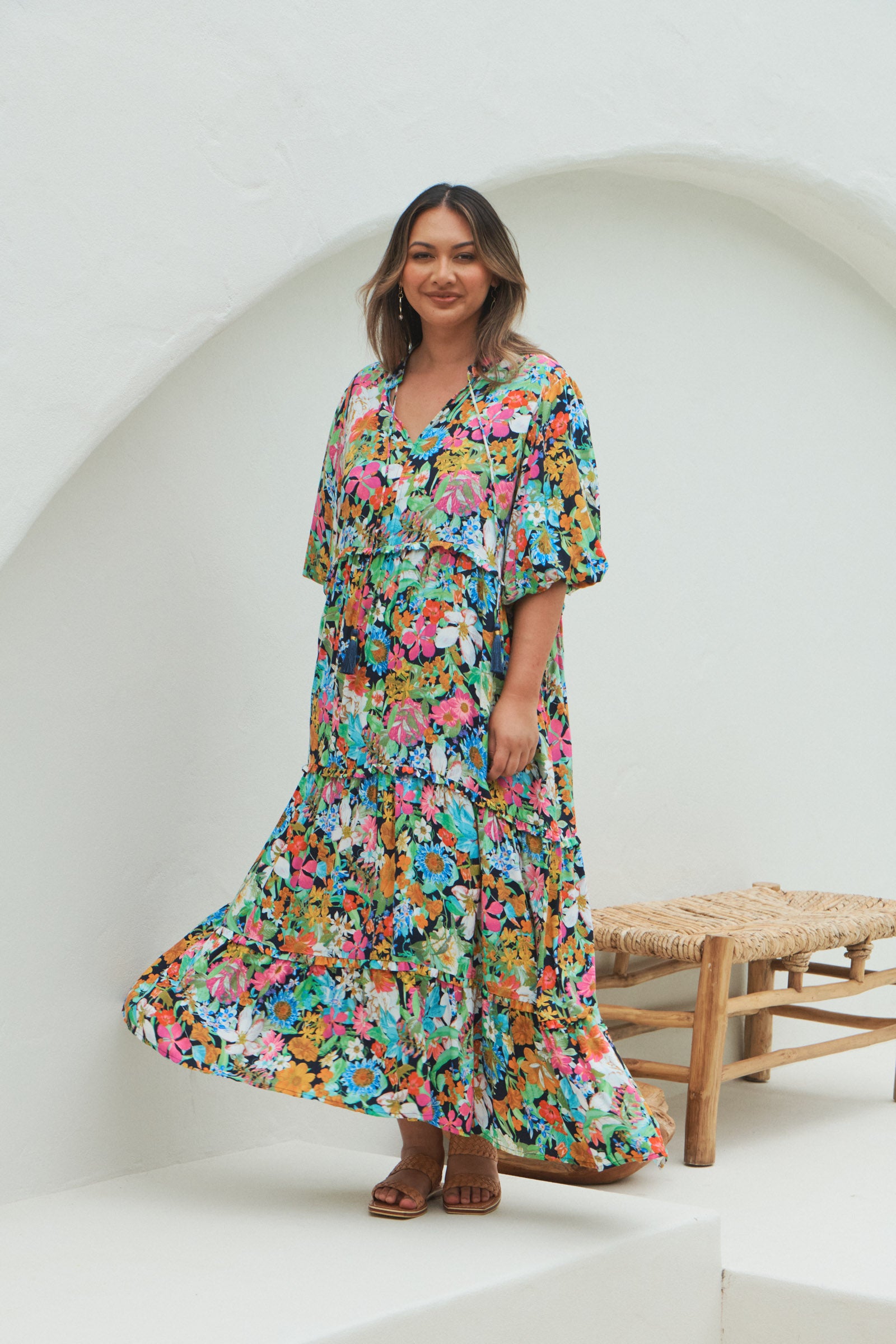 Esprit Tiered Dress - Navy Flourish - eb&ive Clothing - Dress 3/4 Length Linen