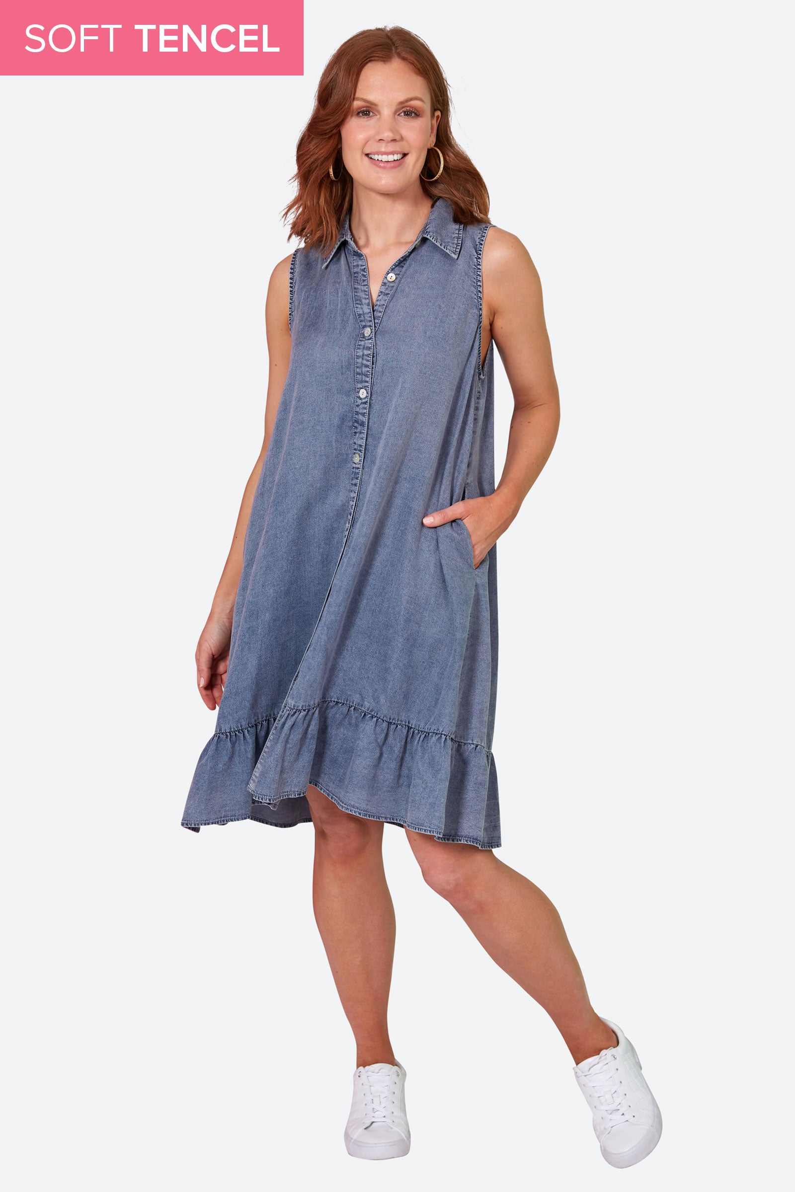 Elan Sleeveless Dress - Denim - eb&ive Clothing - Dress Mid Sleeveless
