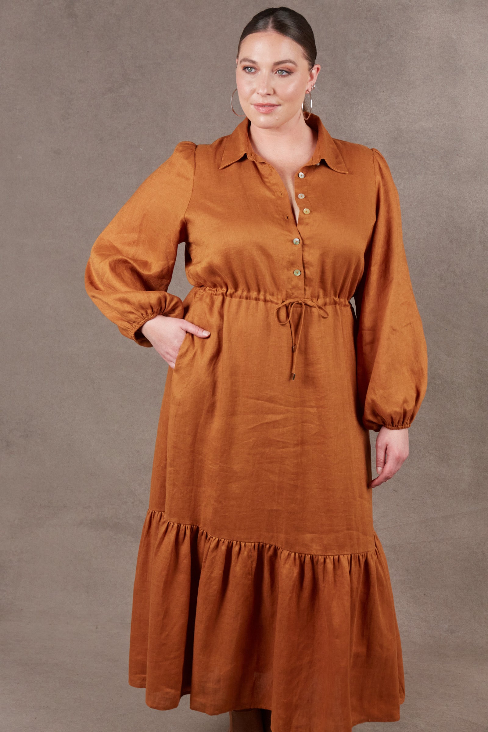 Nama Shirt Dress - Ochre - eb&ive Clothing - Dress Maxi Linen