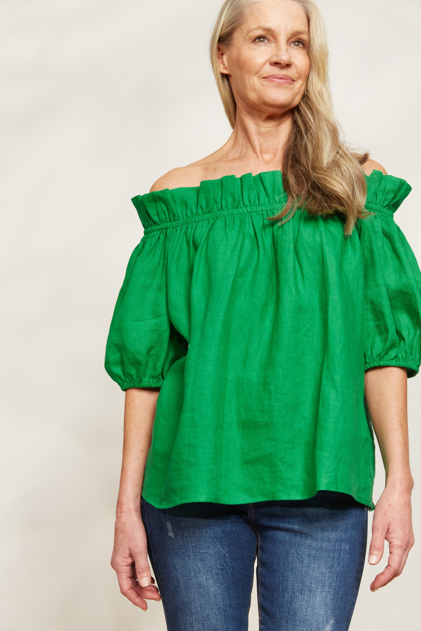 Halcyon Ruched Top - Emerald - eb&ive Clothing - Top Cap Sleeve Linen