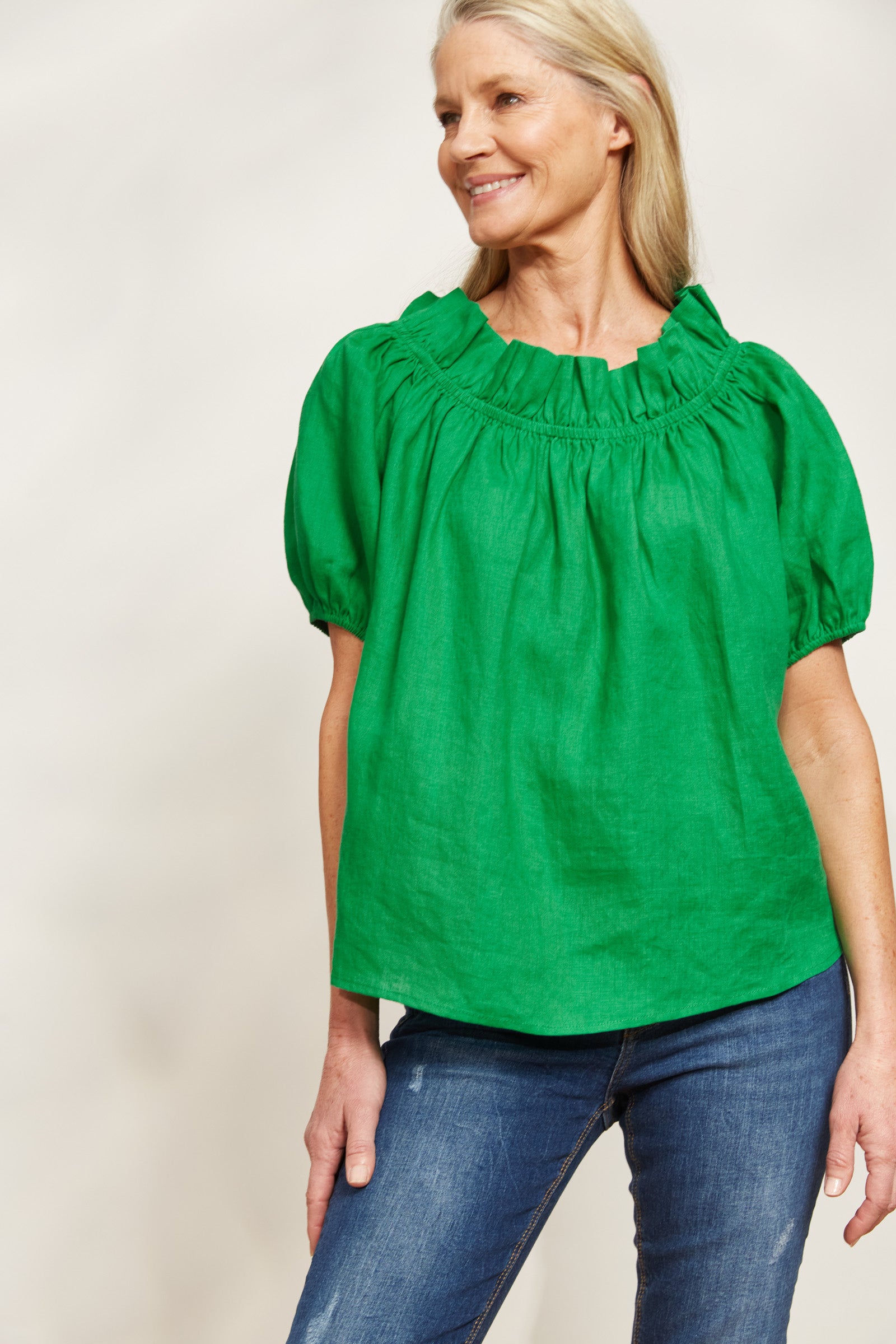 Halcyon Ruched Top - Emerald - eb&ive Clothing - Top Cap Sleeve Linen