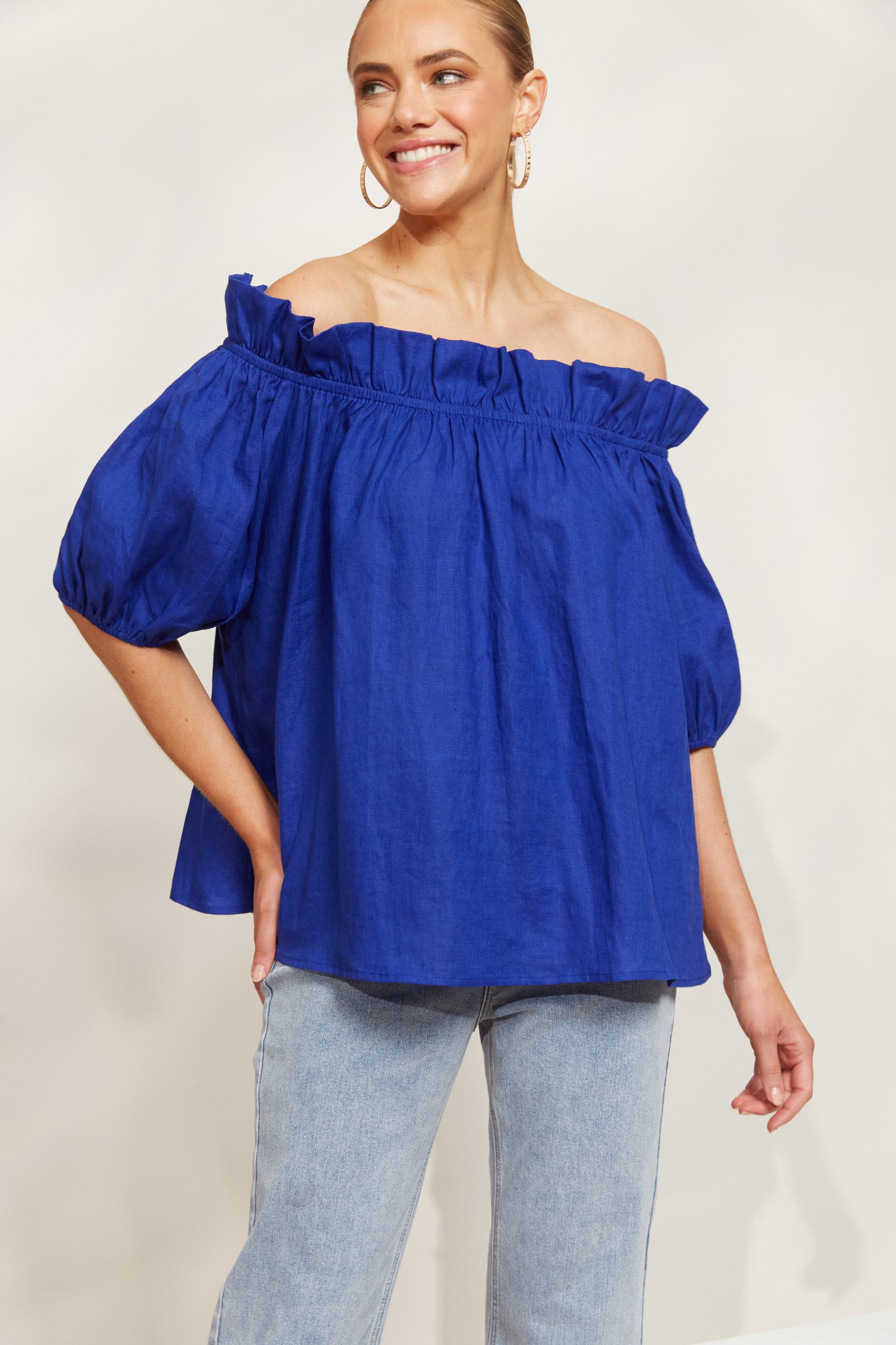 Halcyon Ruched Top - Cobalt - eb&ive Clothing - Top Cap Sleeve Linen