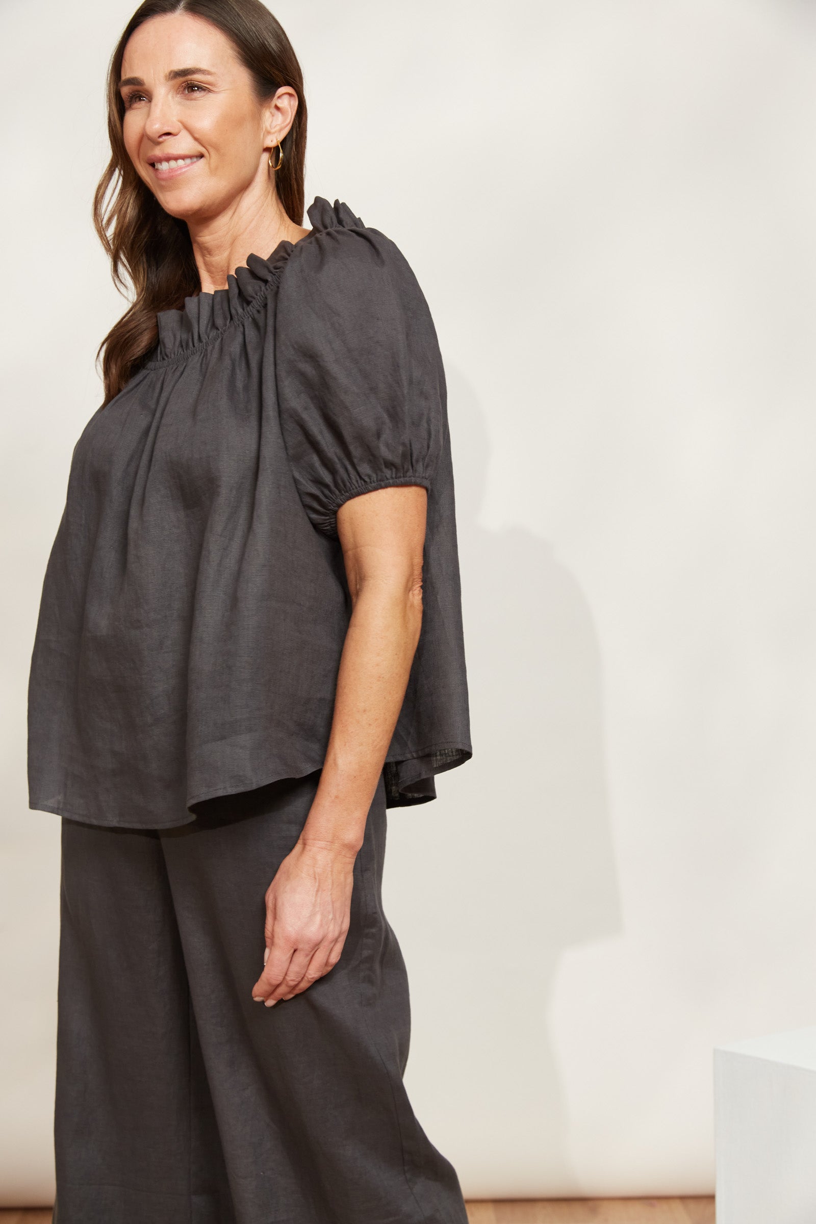 Halcyon Ruched Top - Oyster - eb&ive Clothing - Top Cap Sleeve Linen