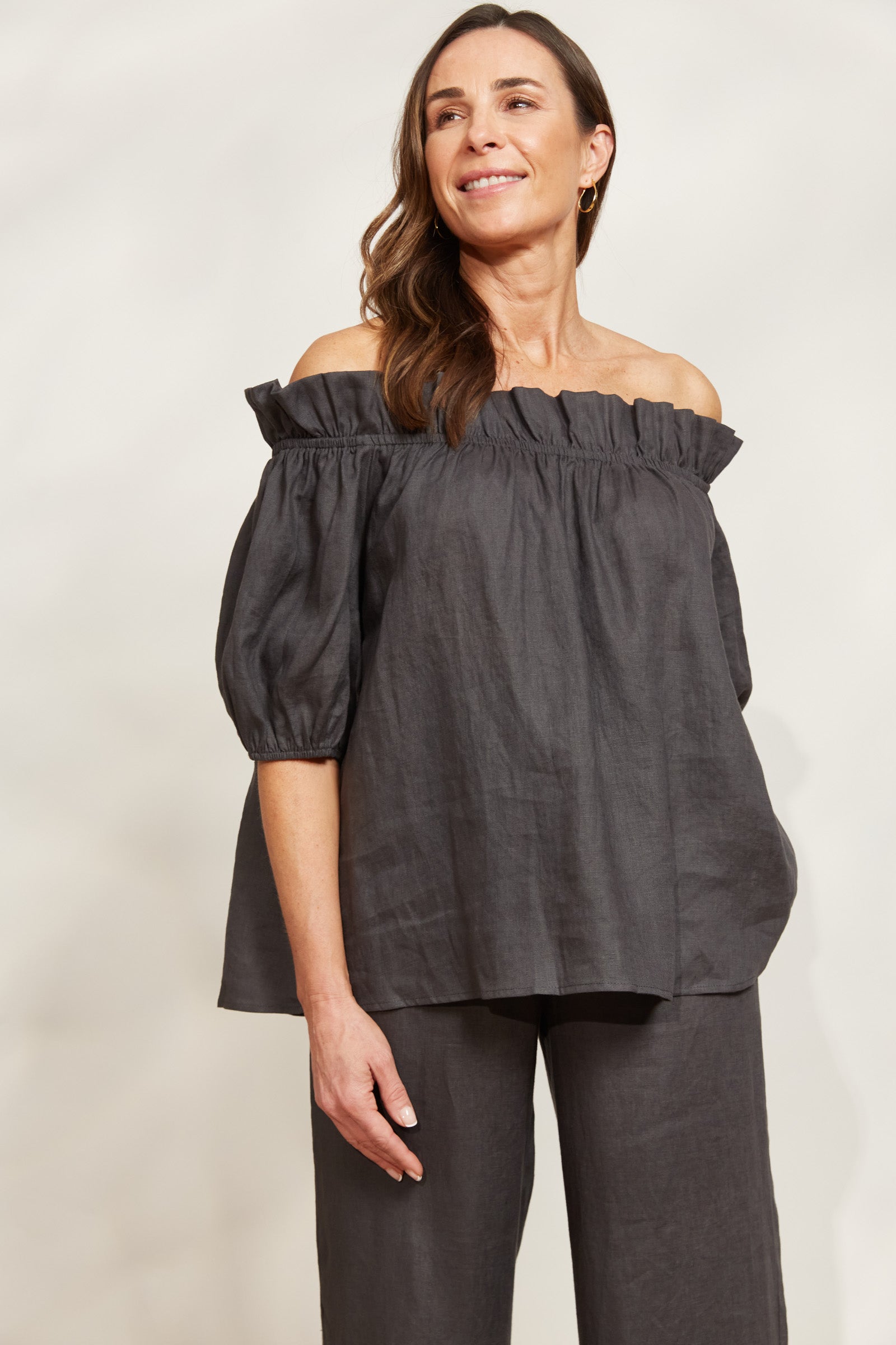 Halcyon Ruched Top - Oyster - eb&ive Clothing - Top Cap Sleeve Linen