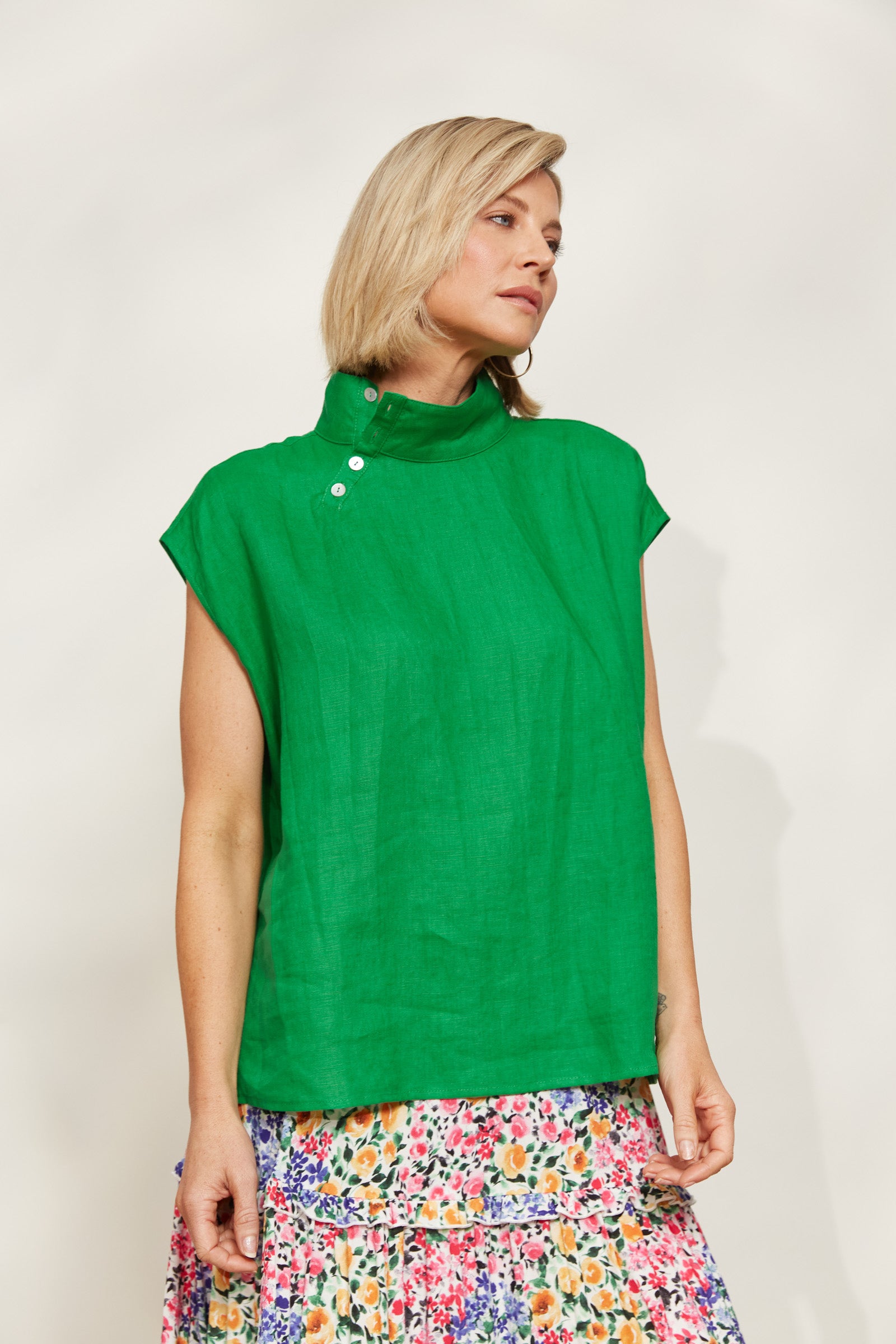 Halcyon Button Top - Emerald - eb&ive Clothing - Top Sleeveless Linen