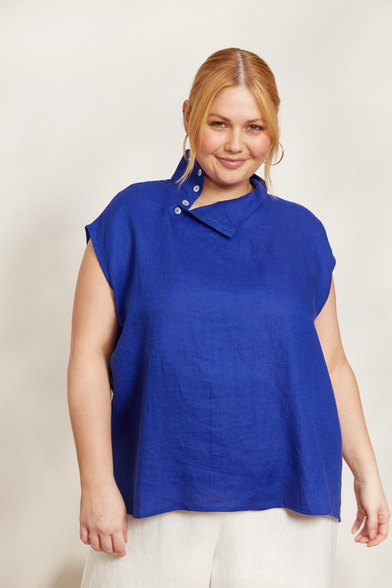 Halcyon Button Top - Cobalt - eb&ive Clothing - Top Sleeveless Linen