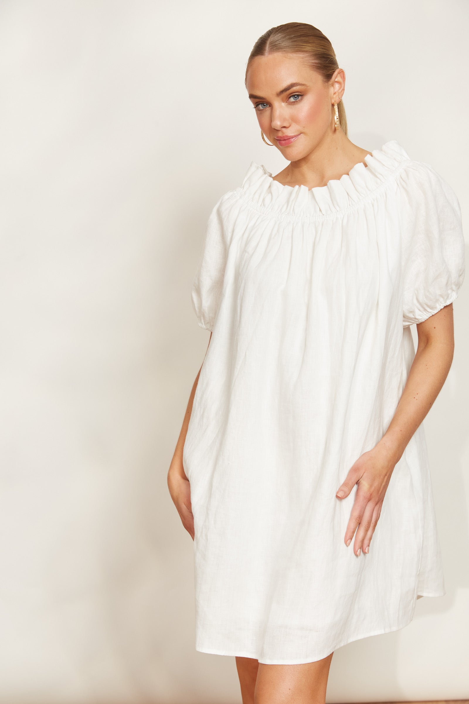 Halcyon Ruched Dress - Opal - eb&ive Clothing - Dress Mid Linen