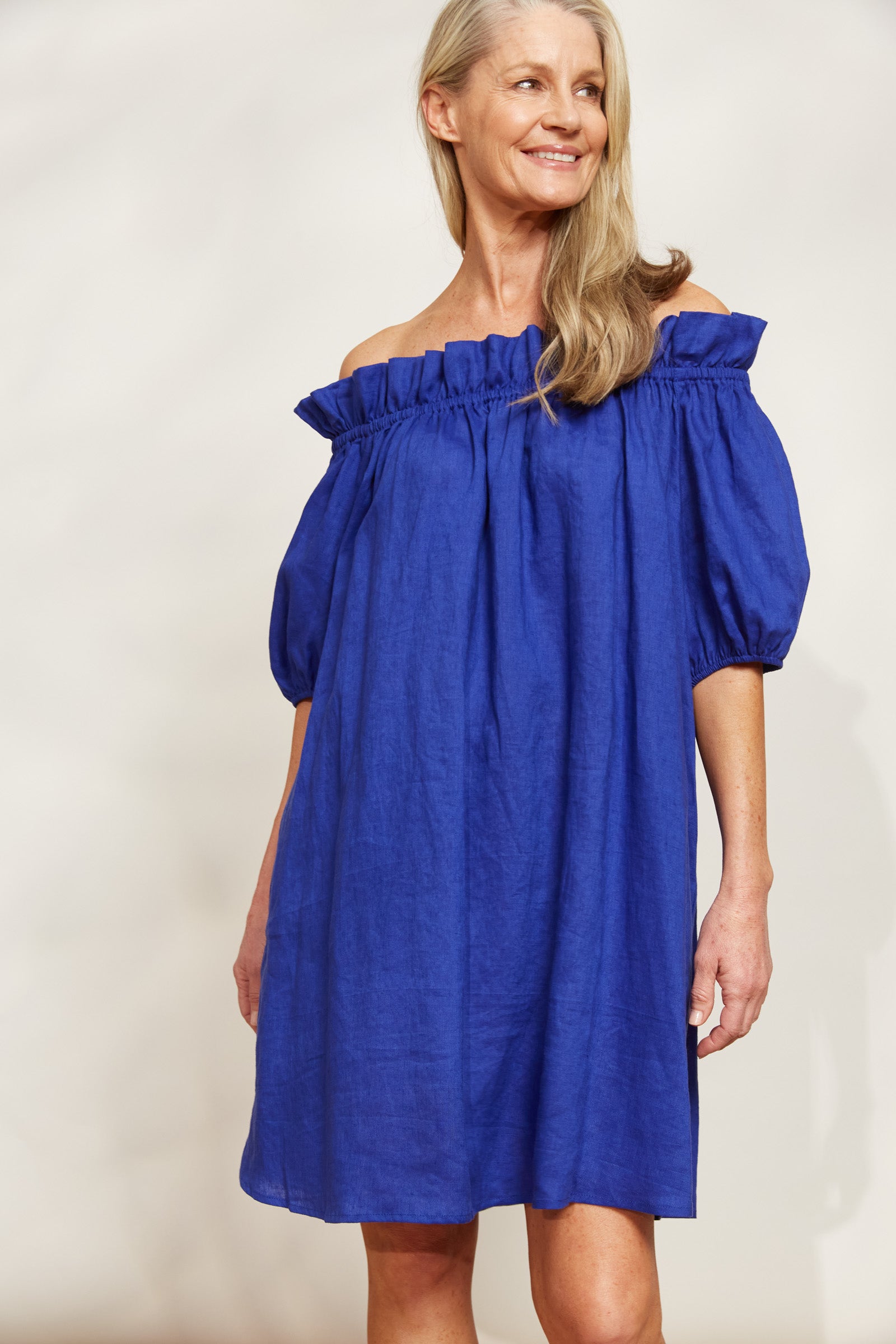 Halcyon Ruched Dress - Cobalt - eb&ive Clothing - Dress Mid Linen