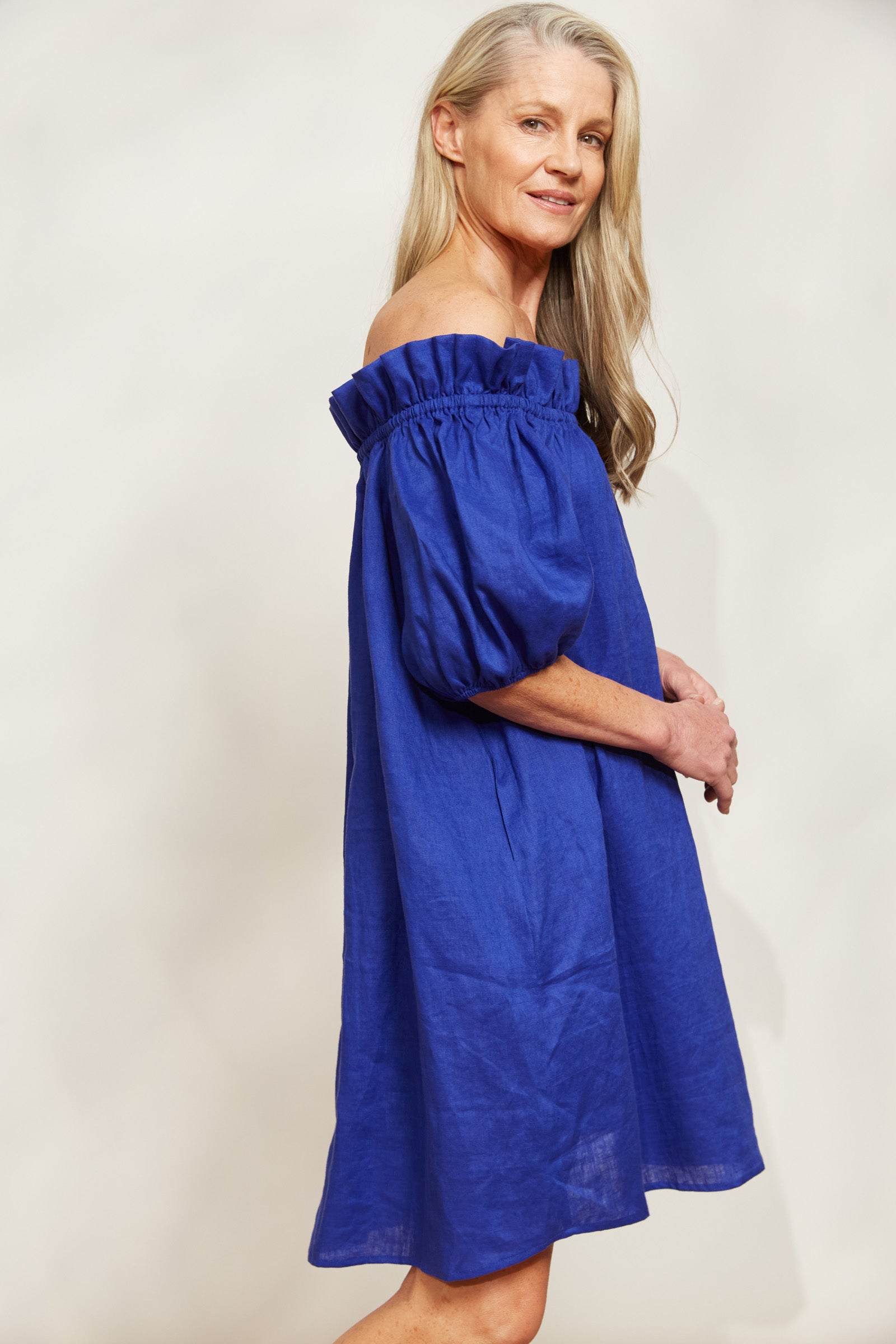 Halcyon Ruched Dress - Cobalt - eb&ive Clothing - Dress Mid Linen