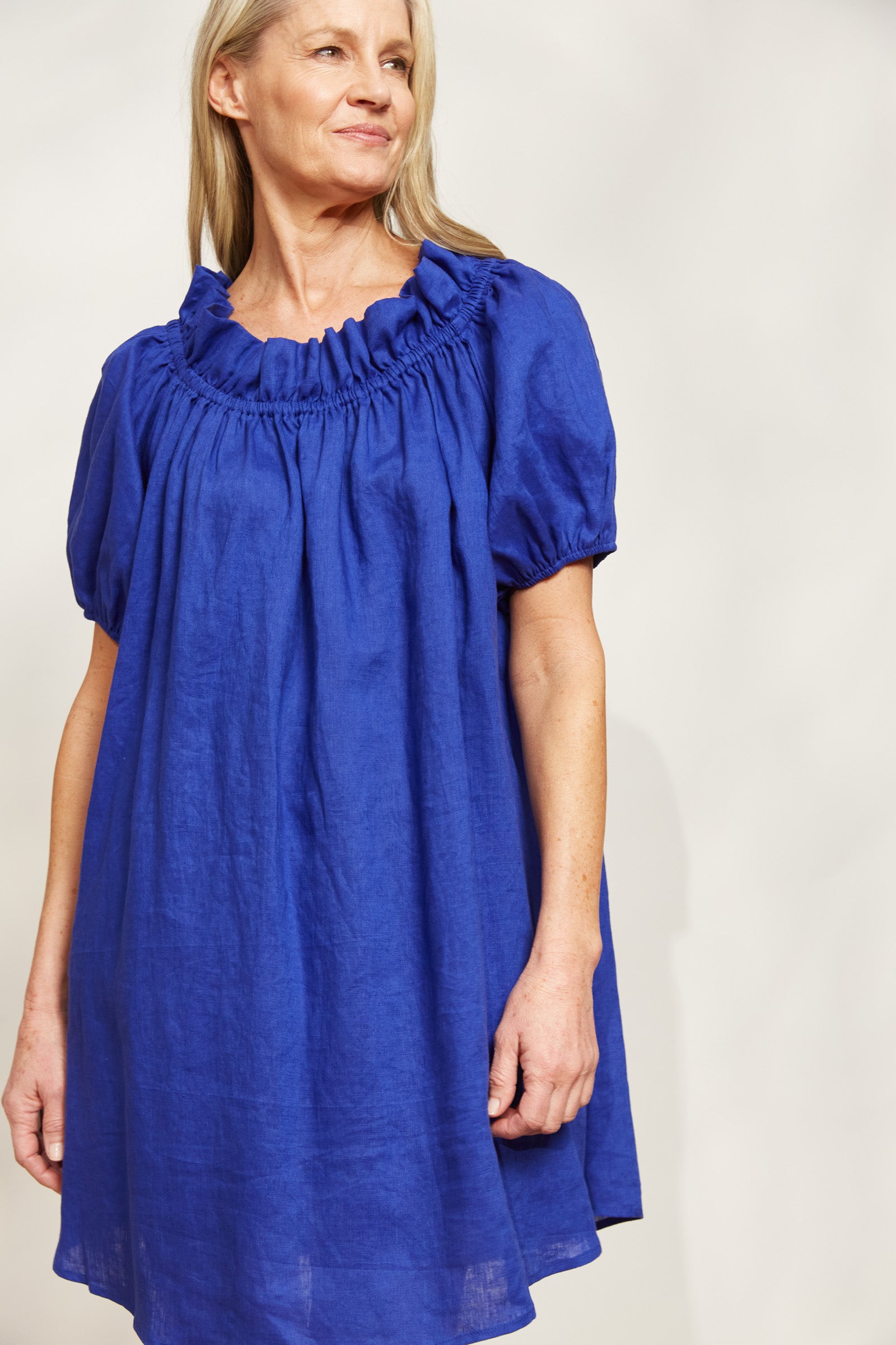 Halcyon Ruched Dress - Cobalt - eb&ive Clothing - Dress Mid Linen