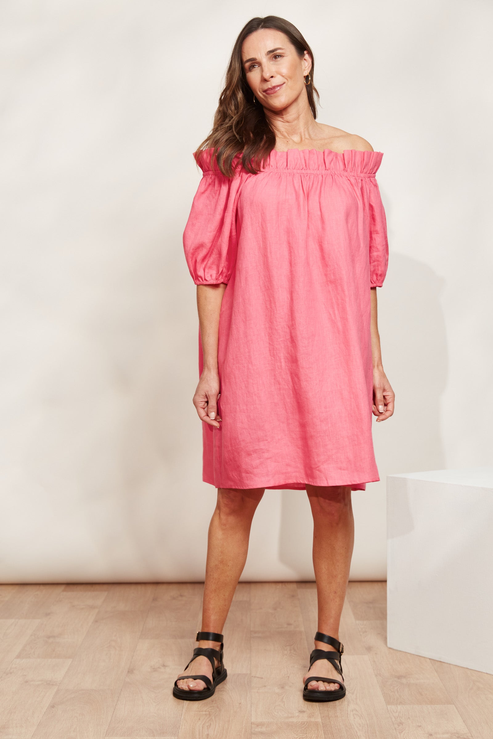 Halcyon Ruched Dress - Musk - eb&ive Clothing - Dress Mid Linen