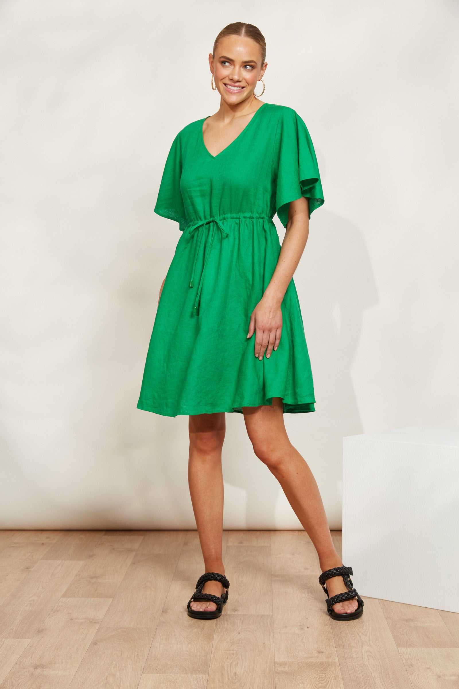 Halcyon Tie Dress - Emerald - eb&ive Clothing - Dress Mid Linen