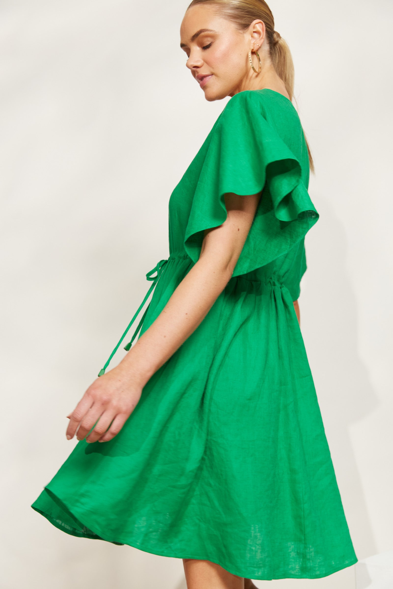 Halcyon Tie Dress - Emerald - eb&ive Clothing - Dress Mid Linen