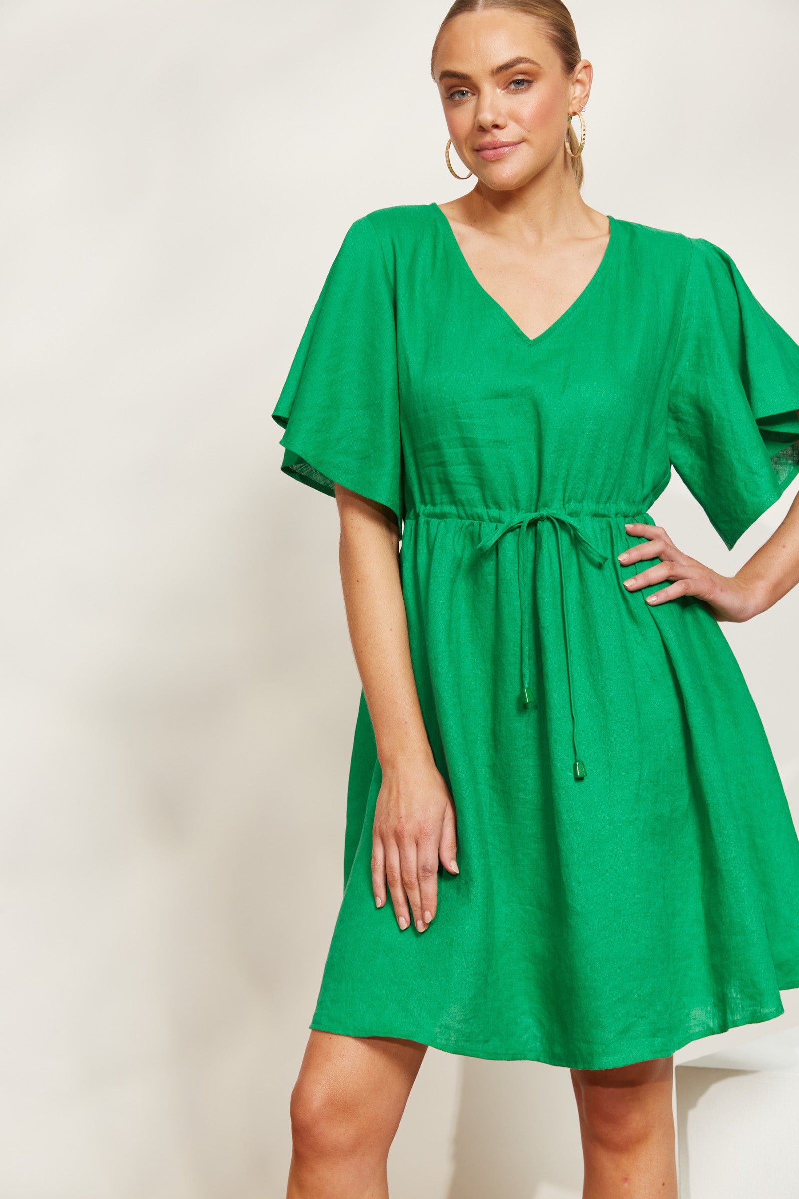 Halcyon Tie Dress - Emerald - eb&ive Clothing - Dress Mid Linen