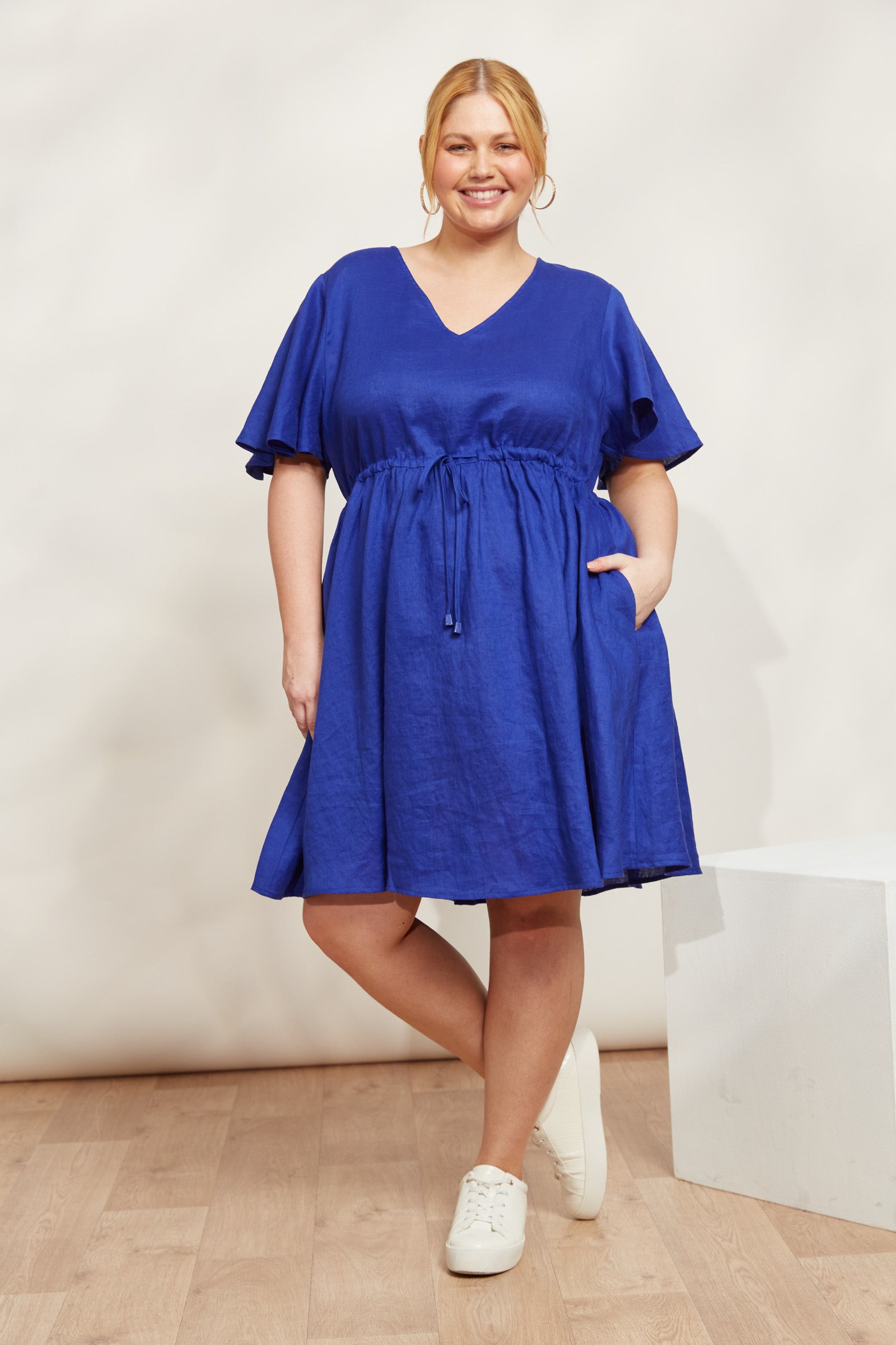 Halcyon Tie Dress - Cobalt - eb&ive Clothing - Dress Mid Linen