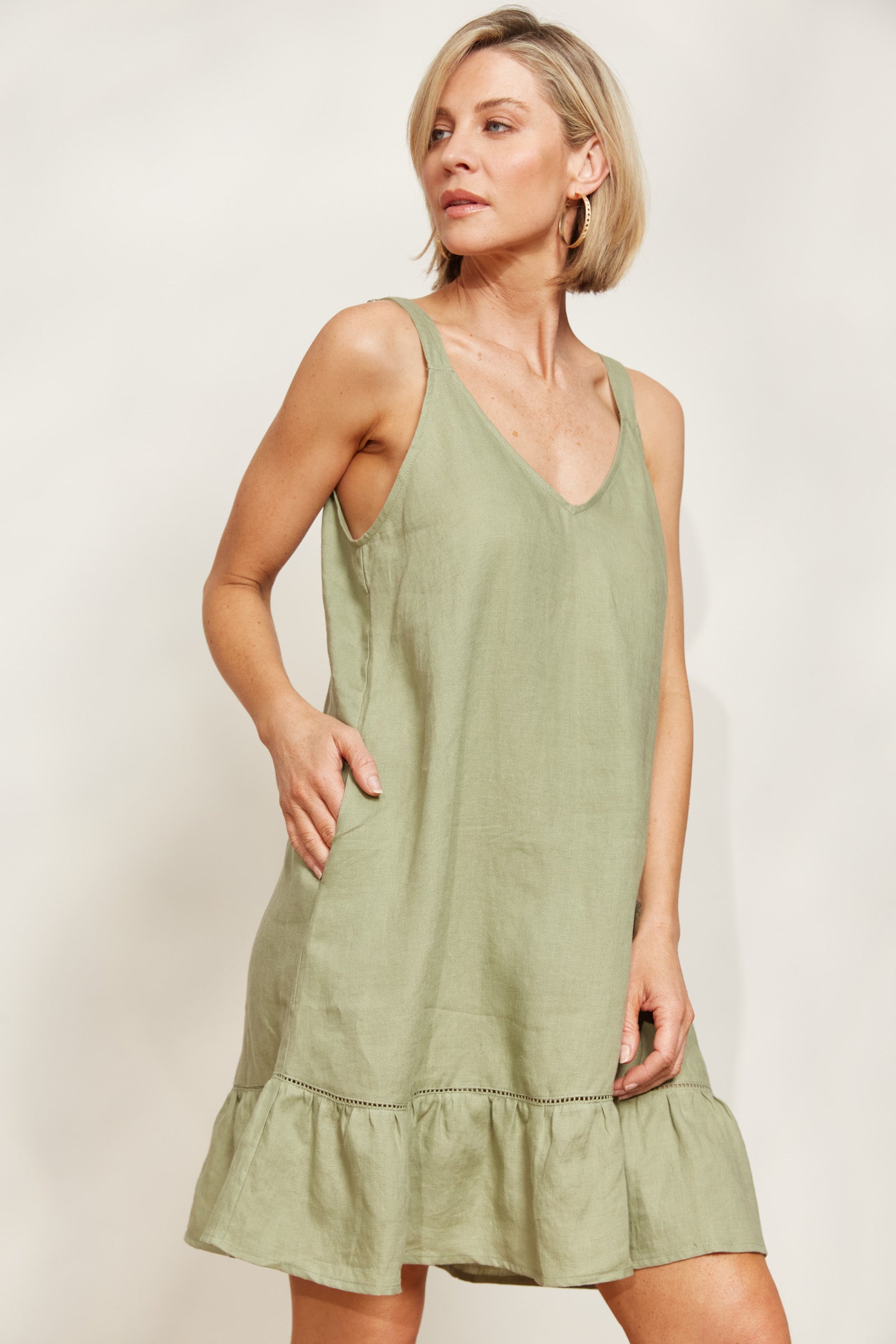 Sojourn Tank Dress - Aloe - eb&ive Clothing - Dress Mid Linen