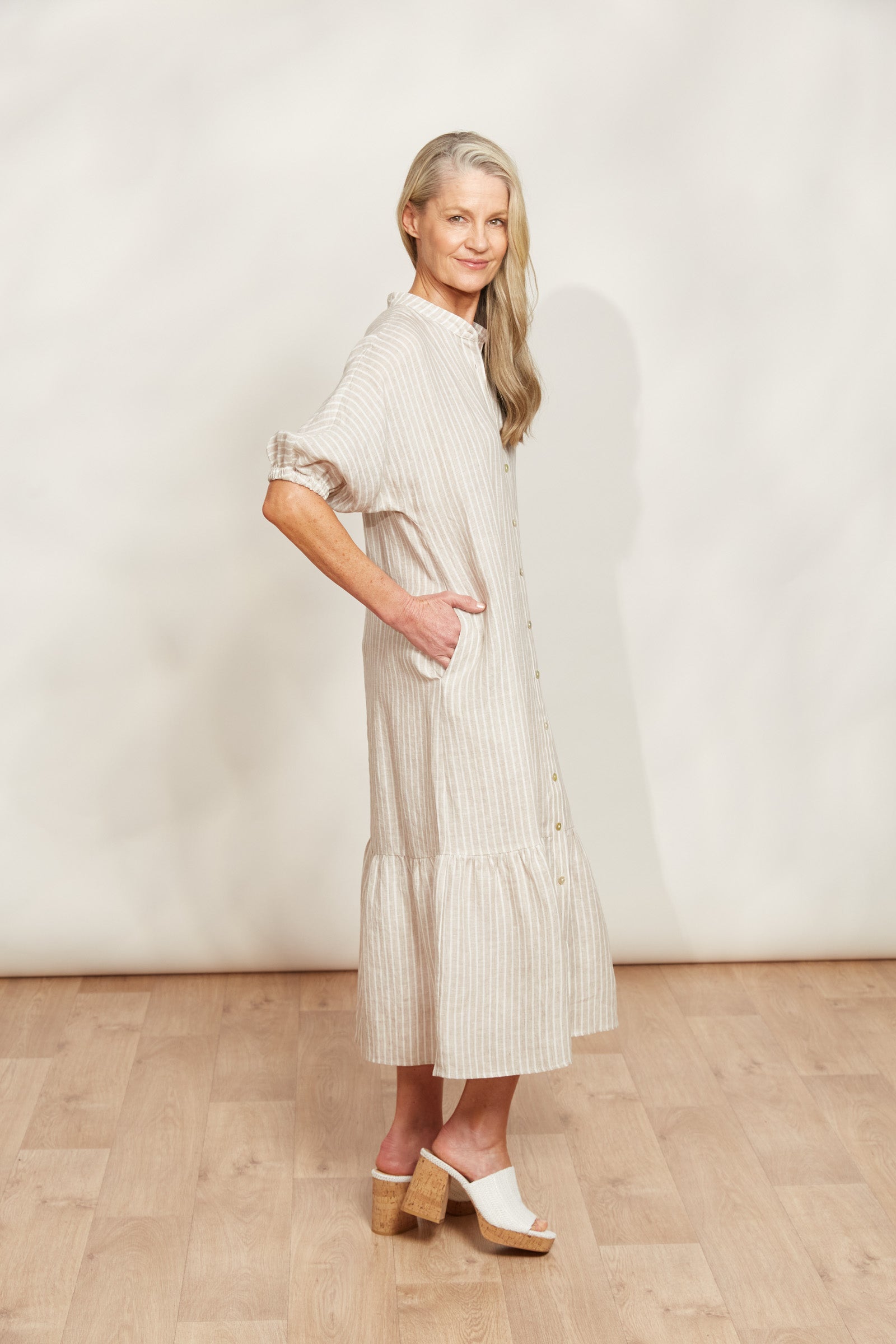 Sojourn Stripe Dress - Dune - eb&ive Clothing - Dress Maxi Linen