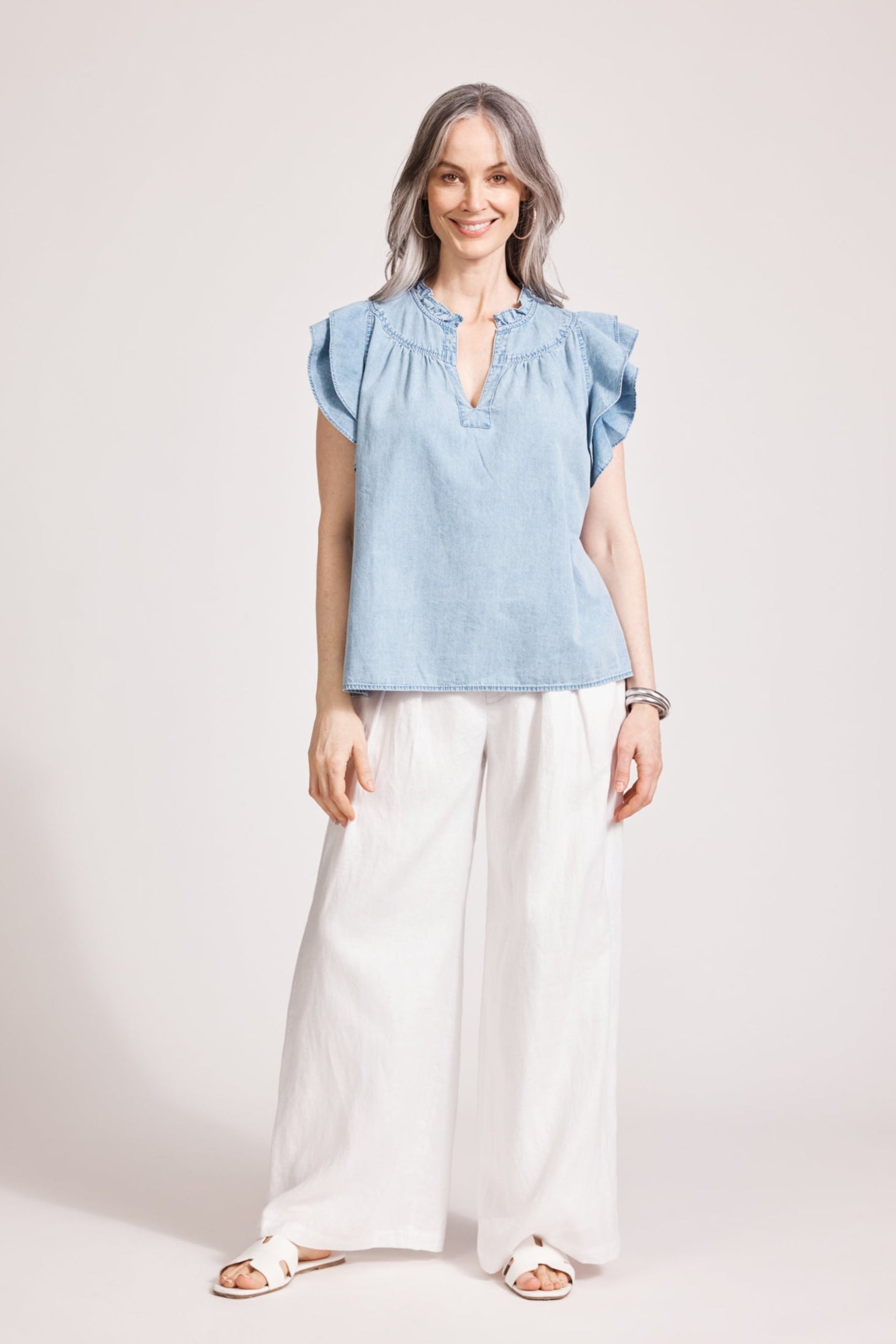 Melenia Denim Frill Top - Denim