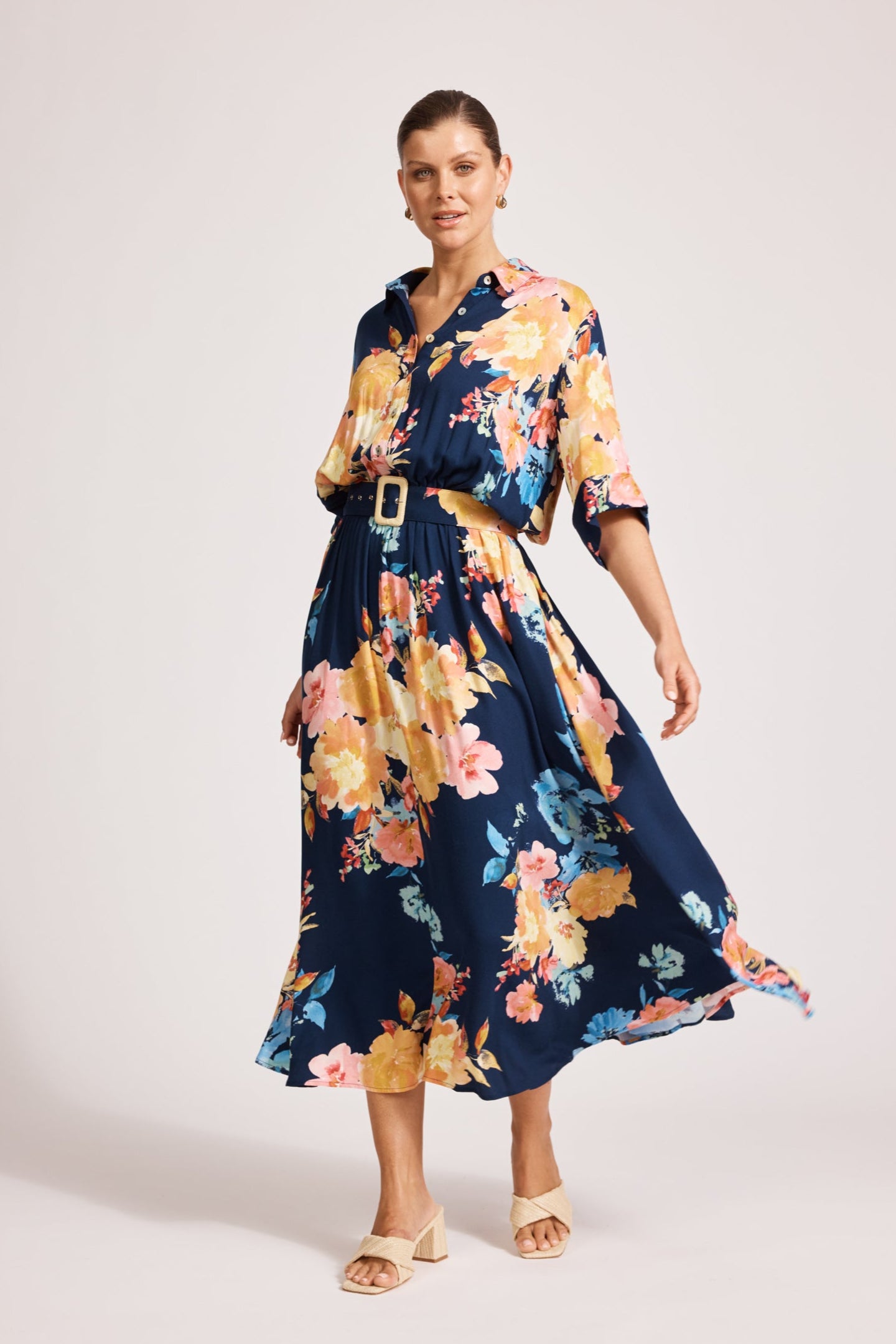 Parisio Belt Shirt Dress - Indigo Bloom