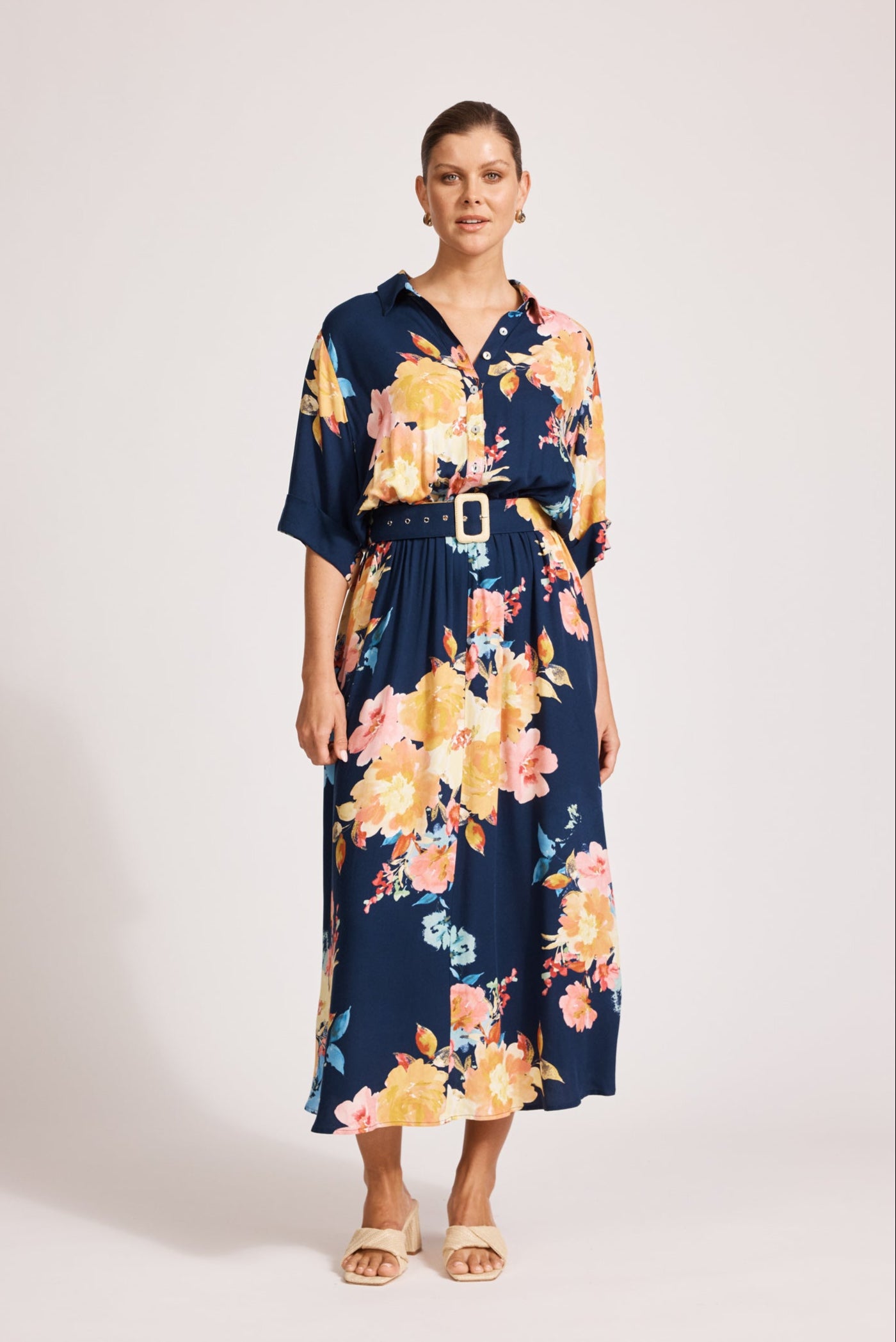 Parisio Belt Shirt Dress - Indigo Bloom