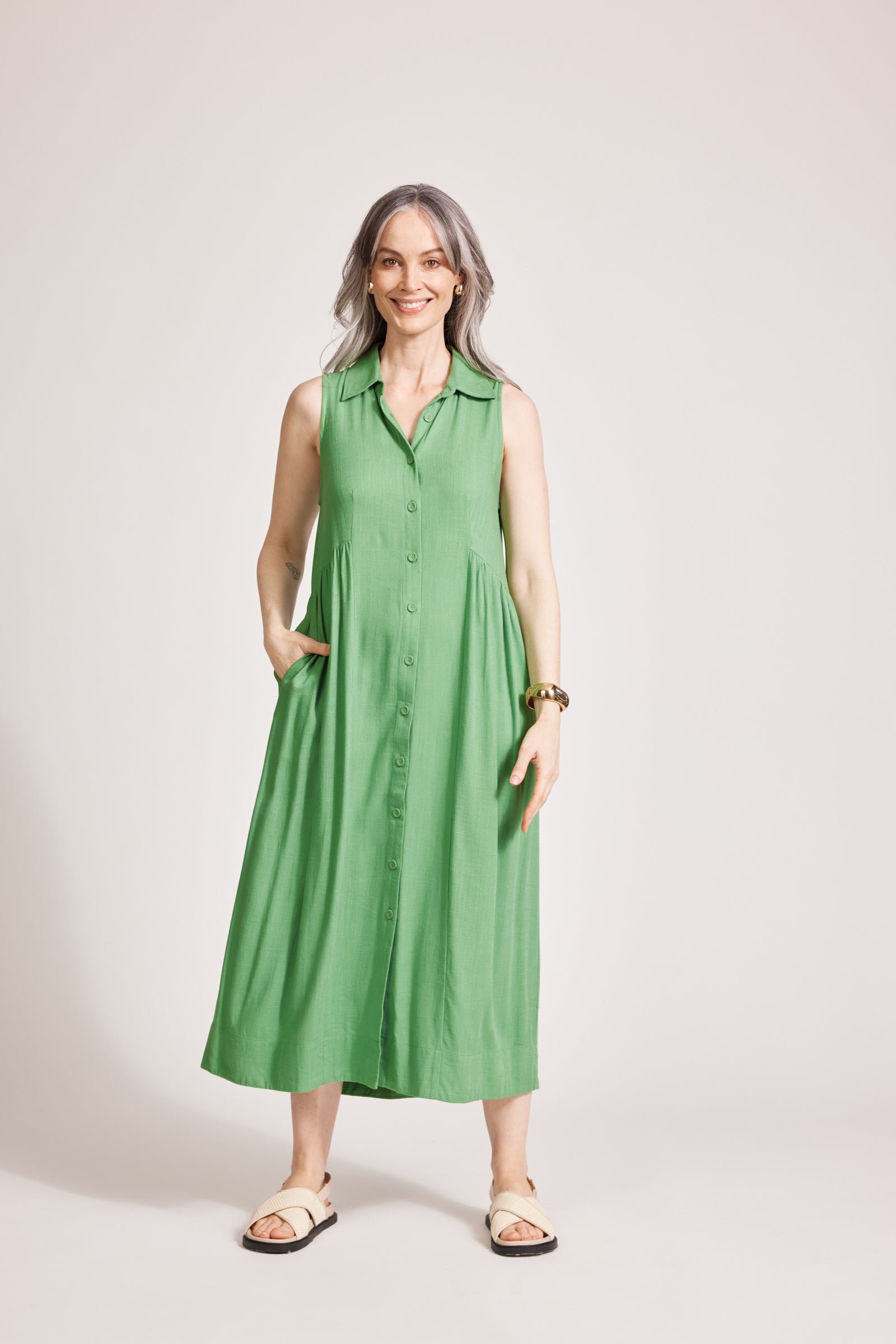 Alesia Sleeveless Shirt Dress - Jade