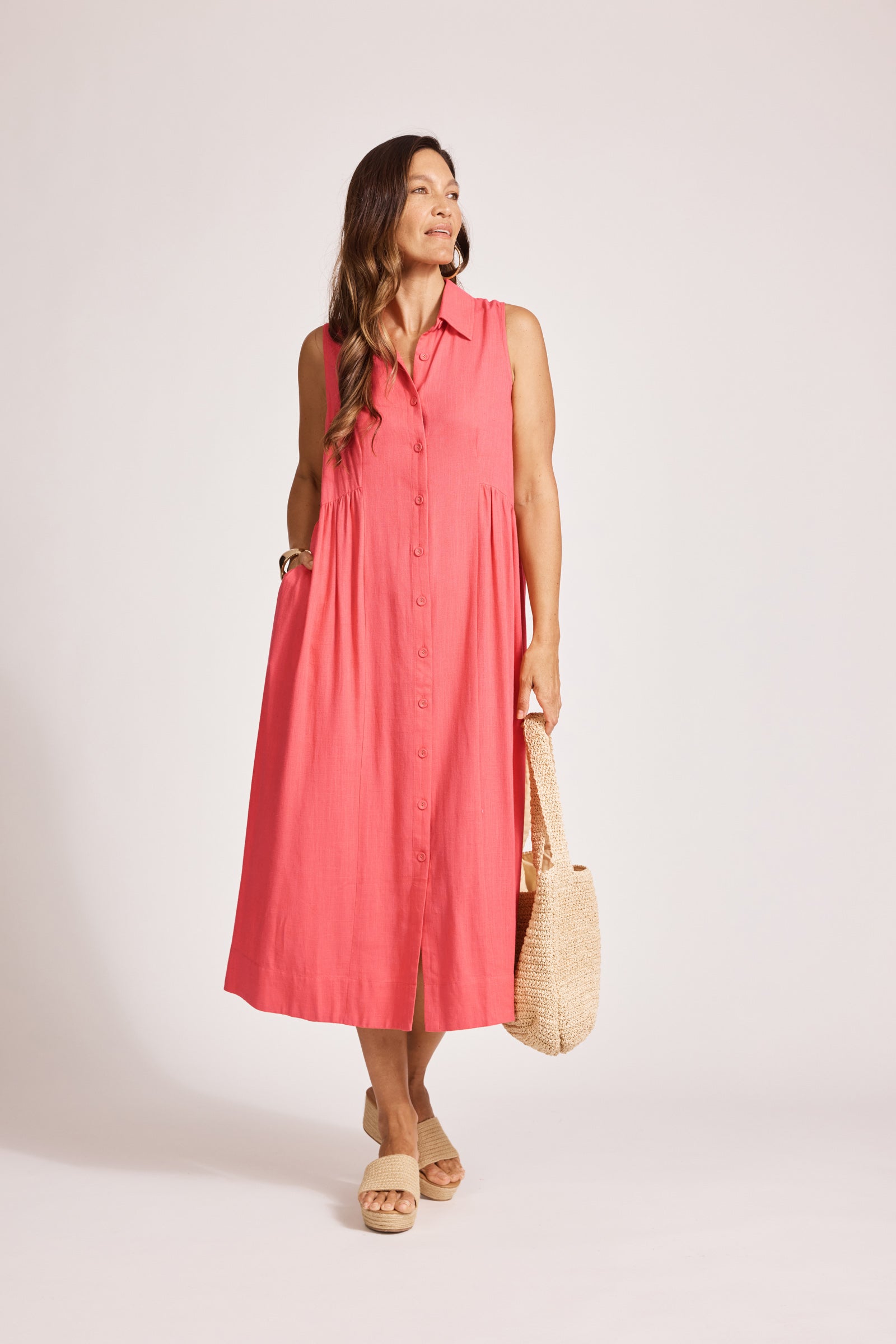 Alesia Sleeveless Shirt Dress - Melon
