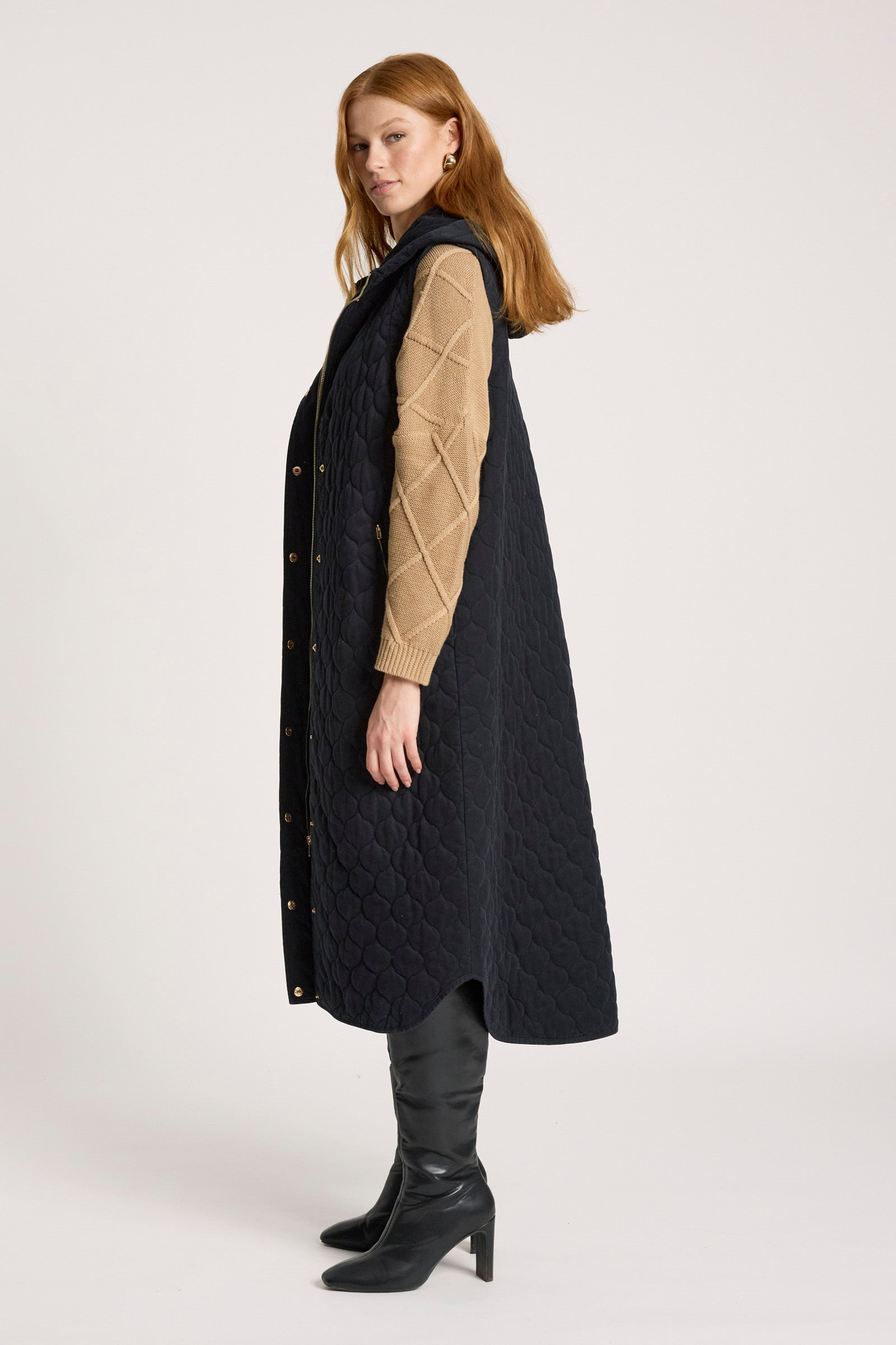 Sansi Quilted Long Vest - Black