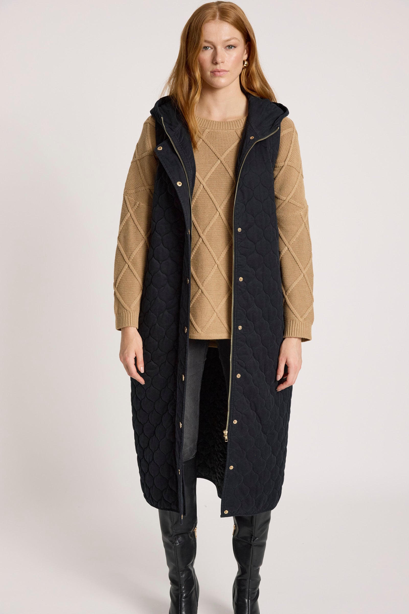Sansi Quilted Long Vest - Black