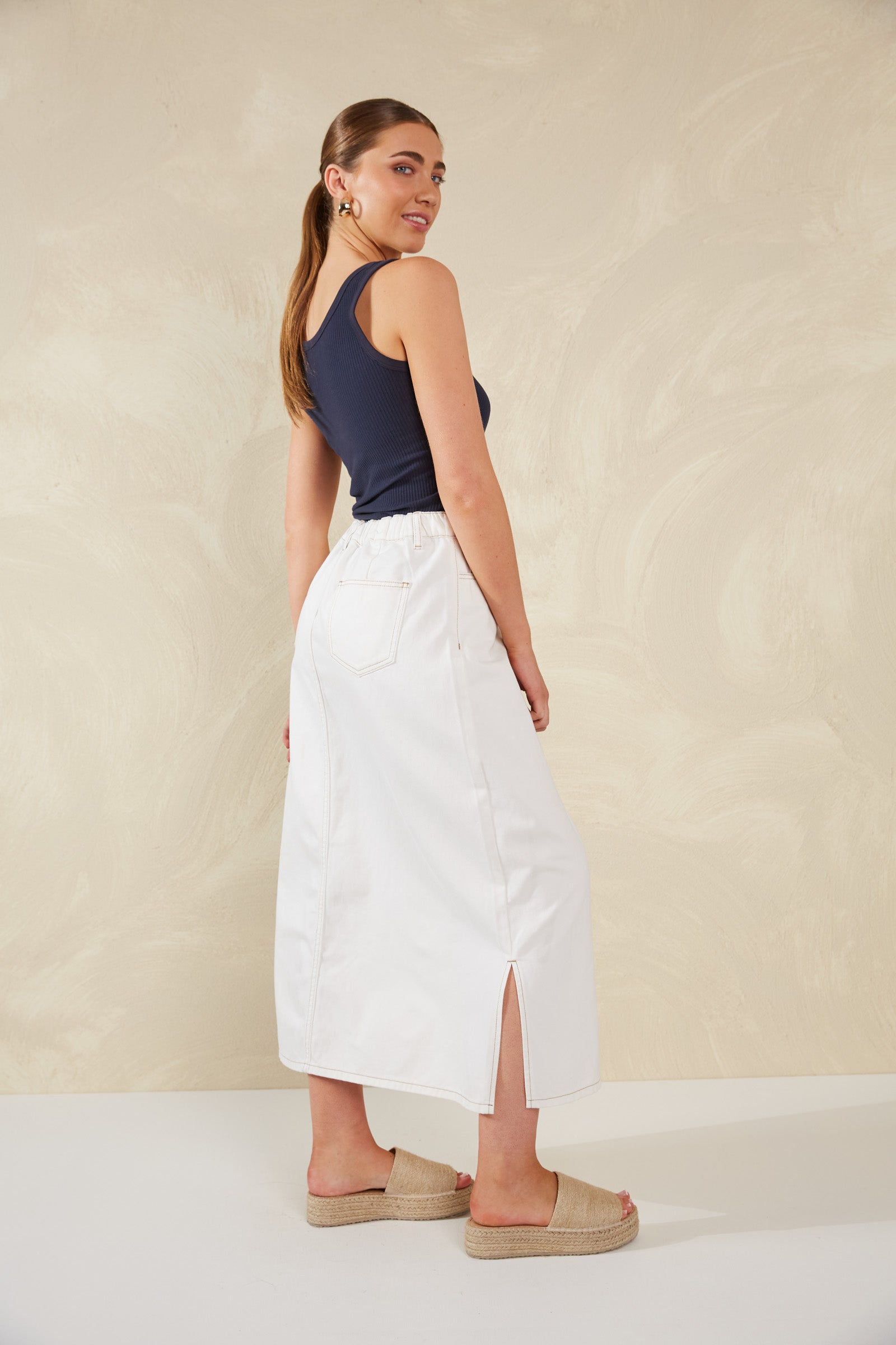 Dalton Denim Skirt - White - eb&ive Clothing - Denim Skirt Mid