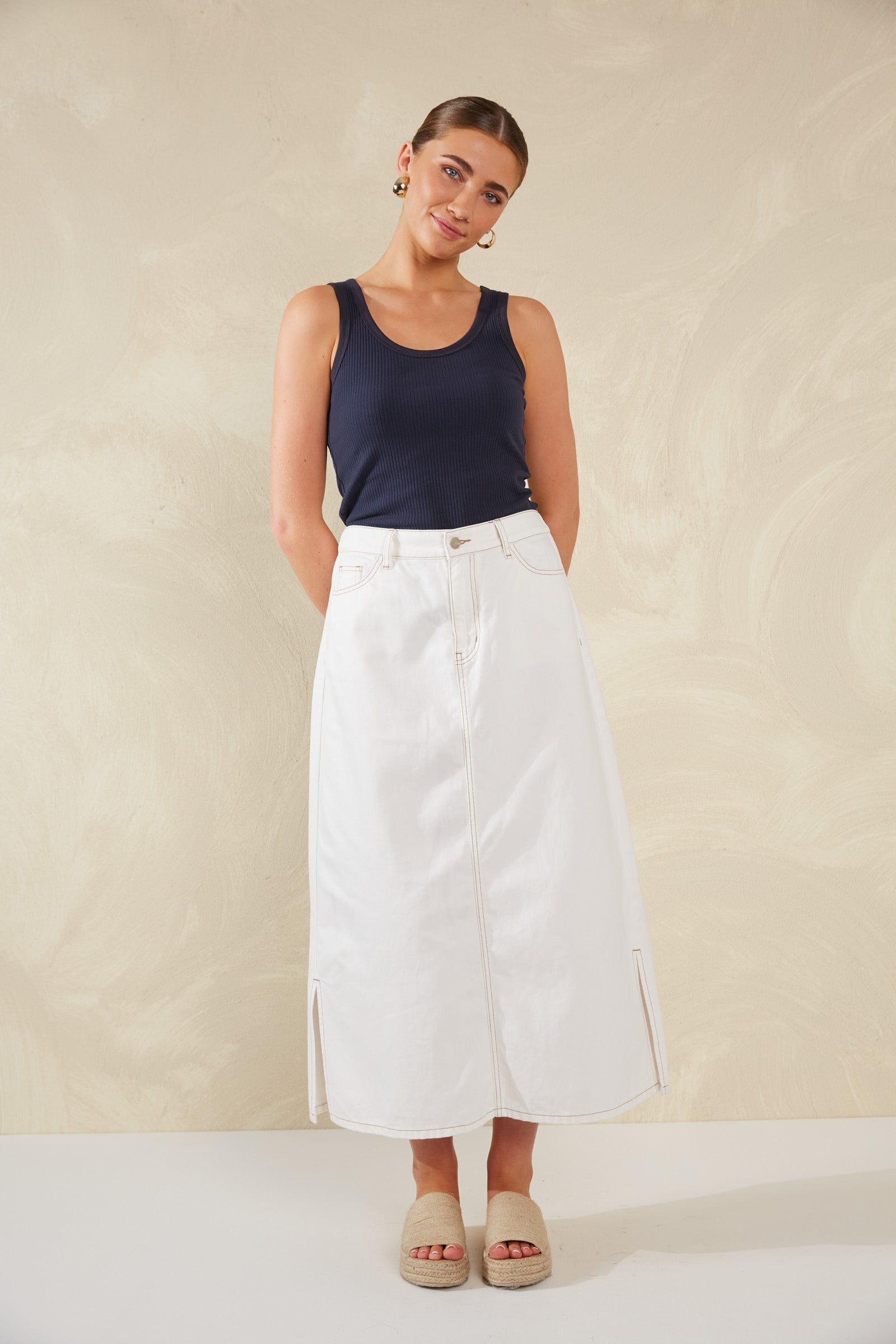 Dalton Denim Skirt - White - eb&ive Clothing - Denim Skirt Mid