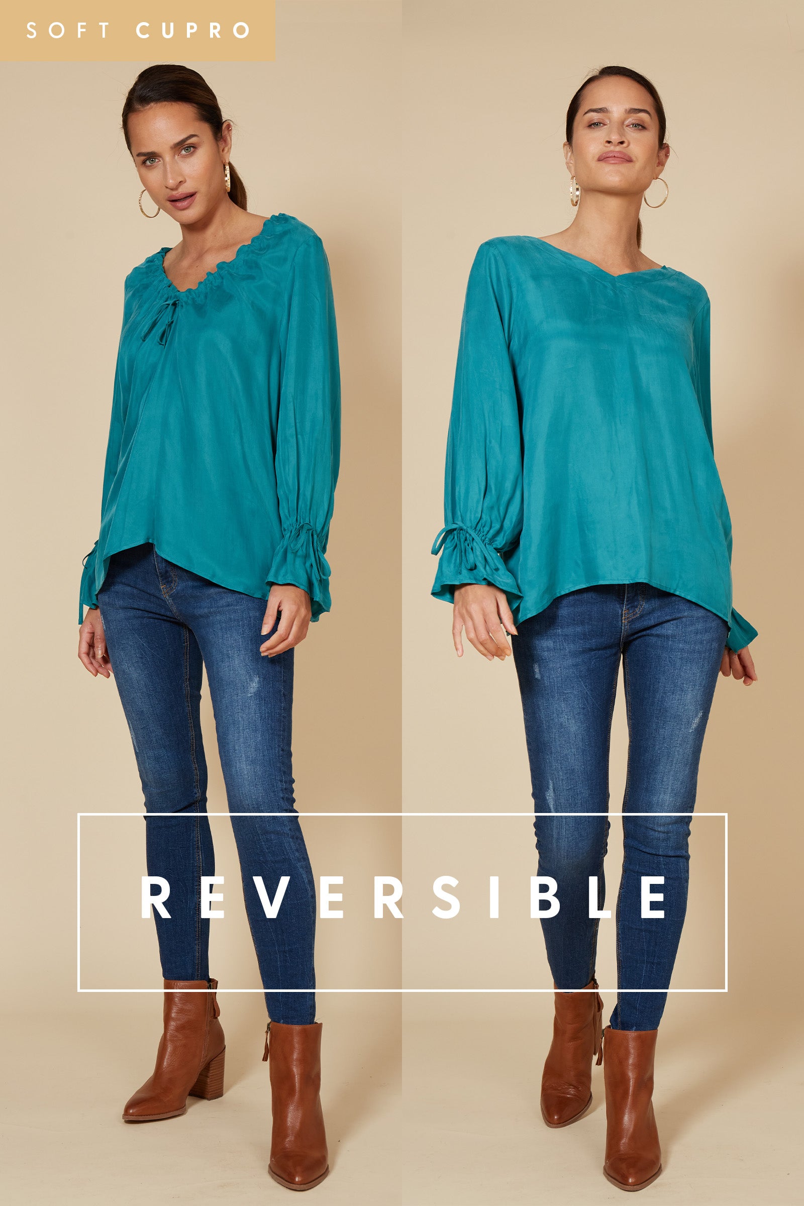 Vienetta Ruched Top - Teal - eb&ive Clothing - Top L/S Dressy