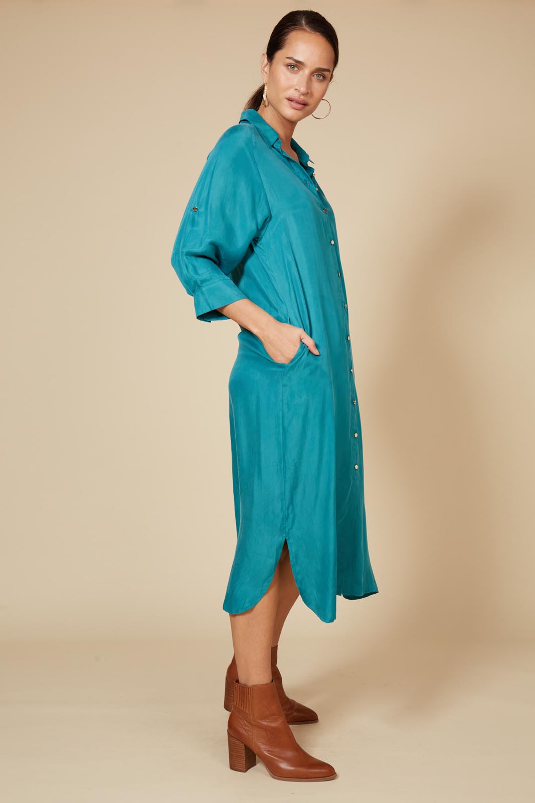 Vienetta Shirt Dress - Teal - eb&ive Clothing - Dress Mid