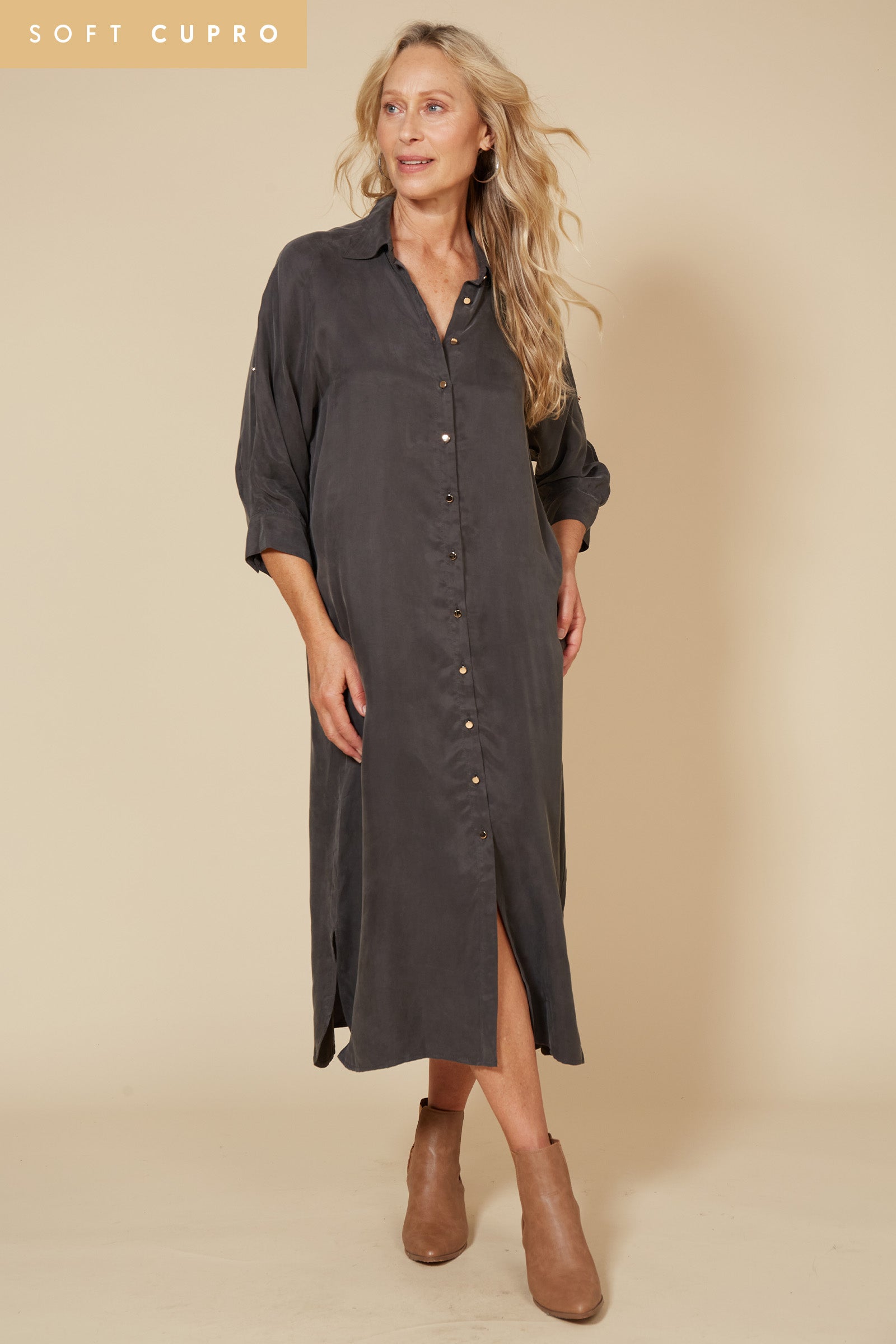 Vienetta Shirt Dress - Fossil - eb&ive Clothing - Dress Mid
